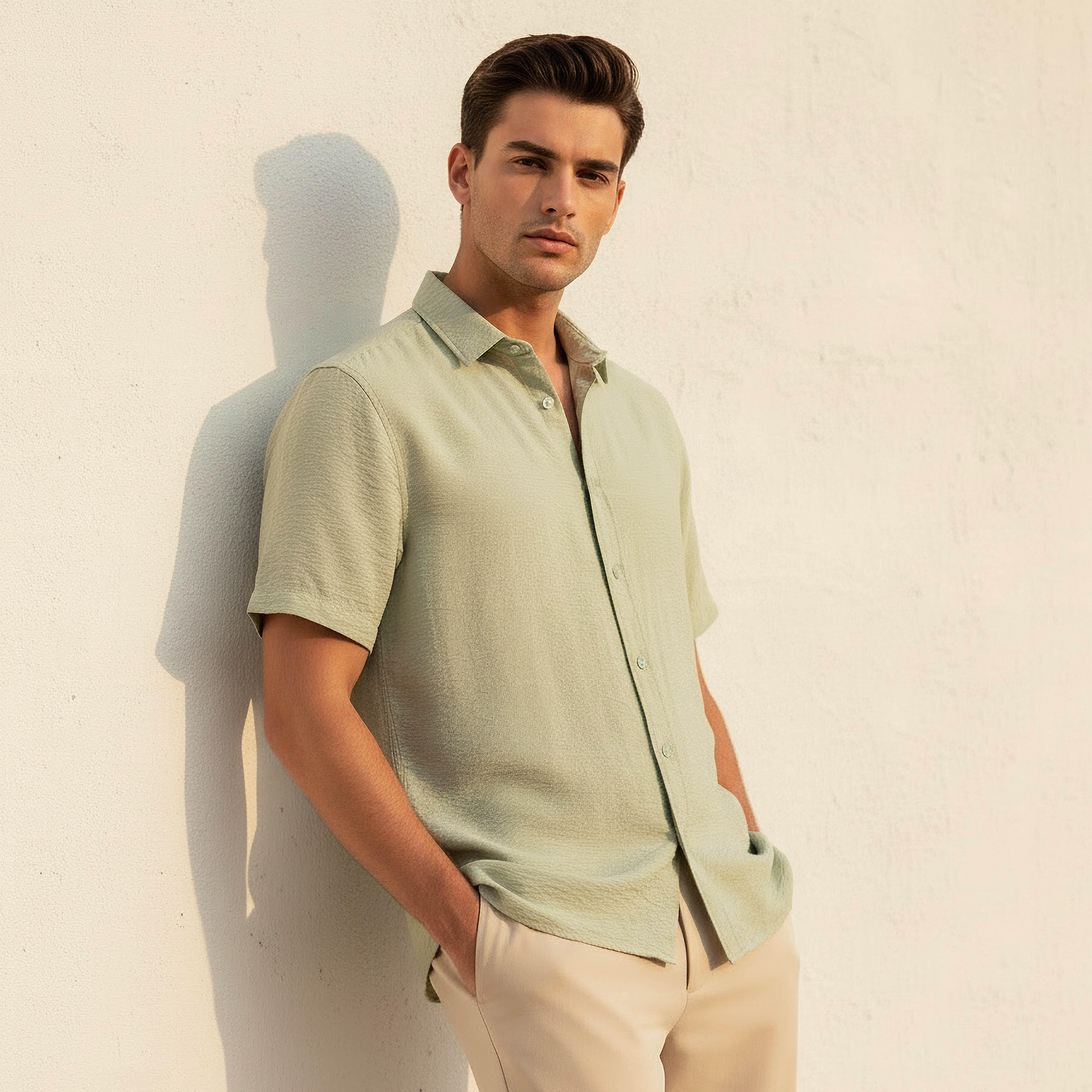 Men Regular Fit Collared Crinkle Textured Short Sleeves Shirt-men-clothing-shirts-image-1