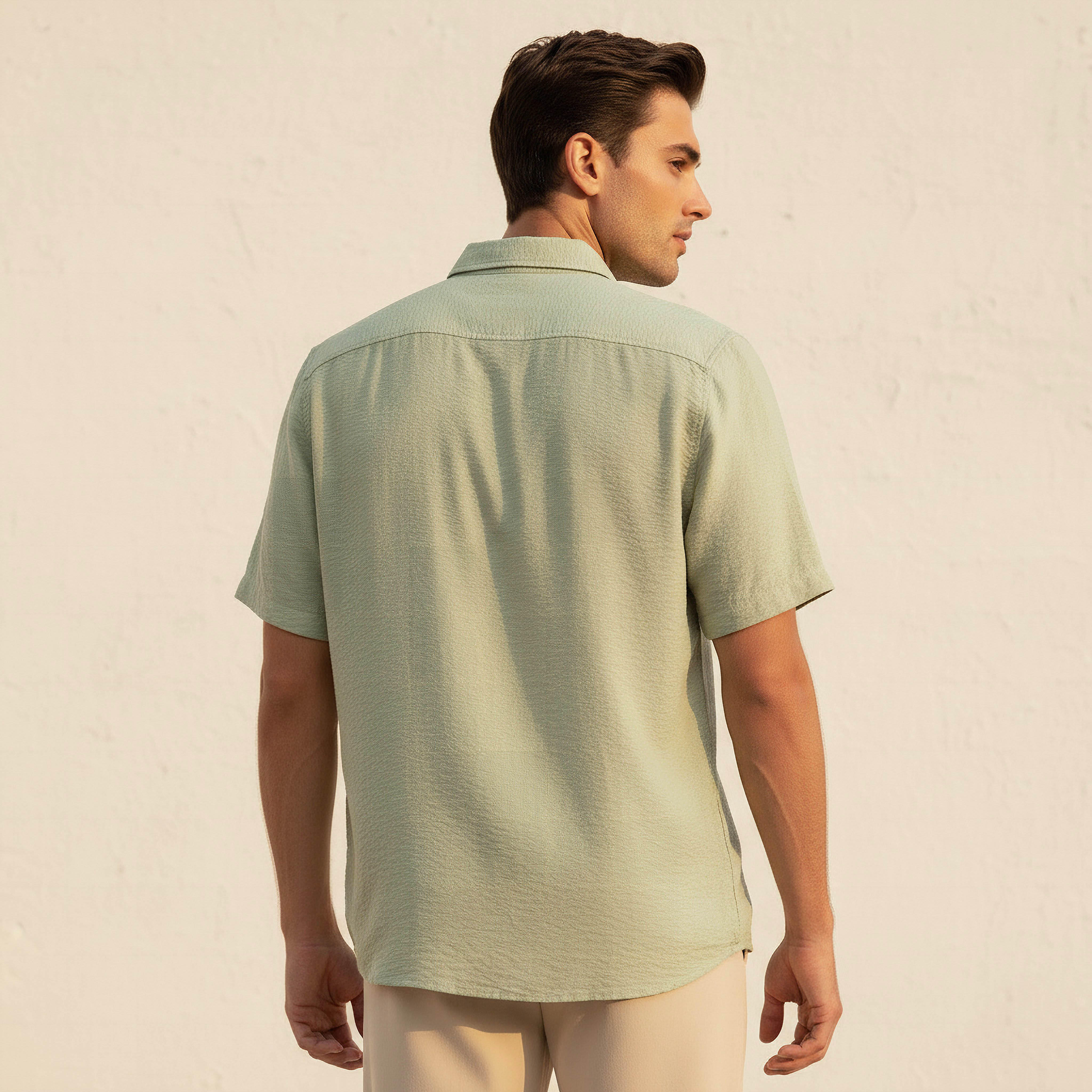Men Regular Fit Collared Crinkle Textured Short Sleeves Shirt-men-clothing-shirts-image-4