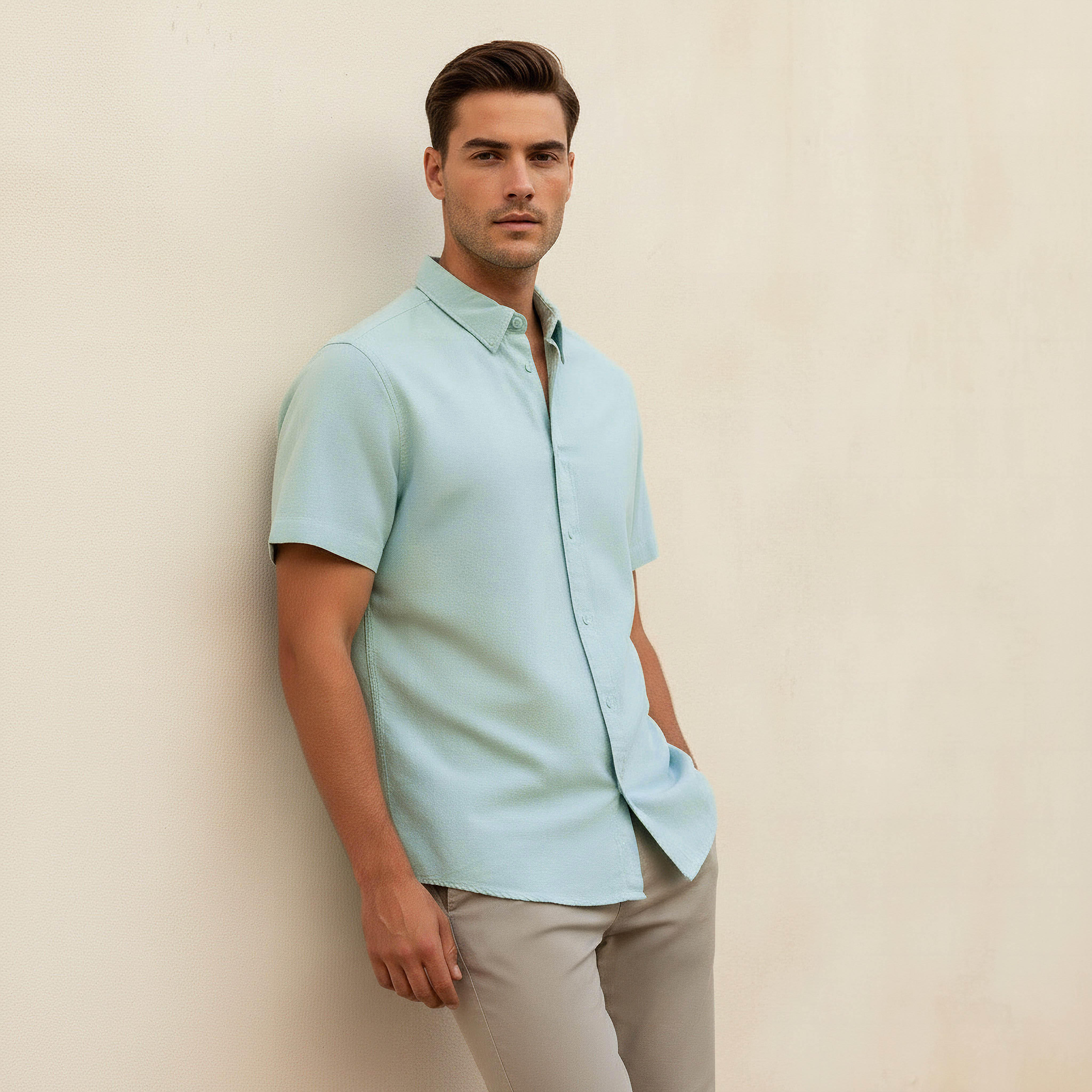 Men Regular Fit Collared Short Sleeves Oxford Shirt-men-clothing-shirts-image-1
