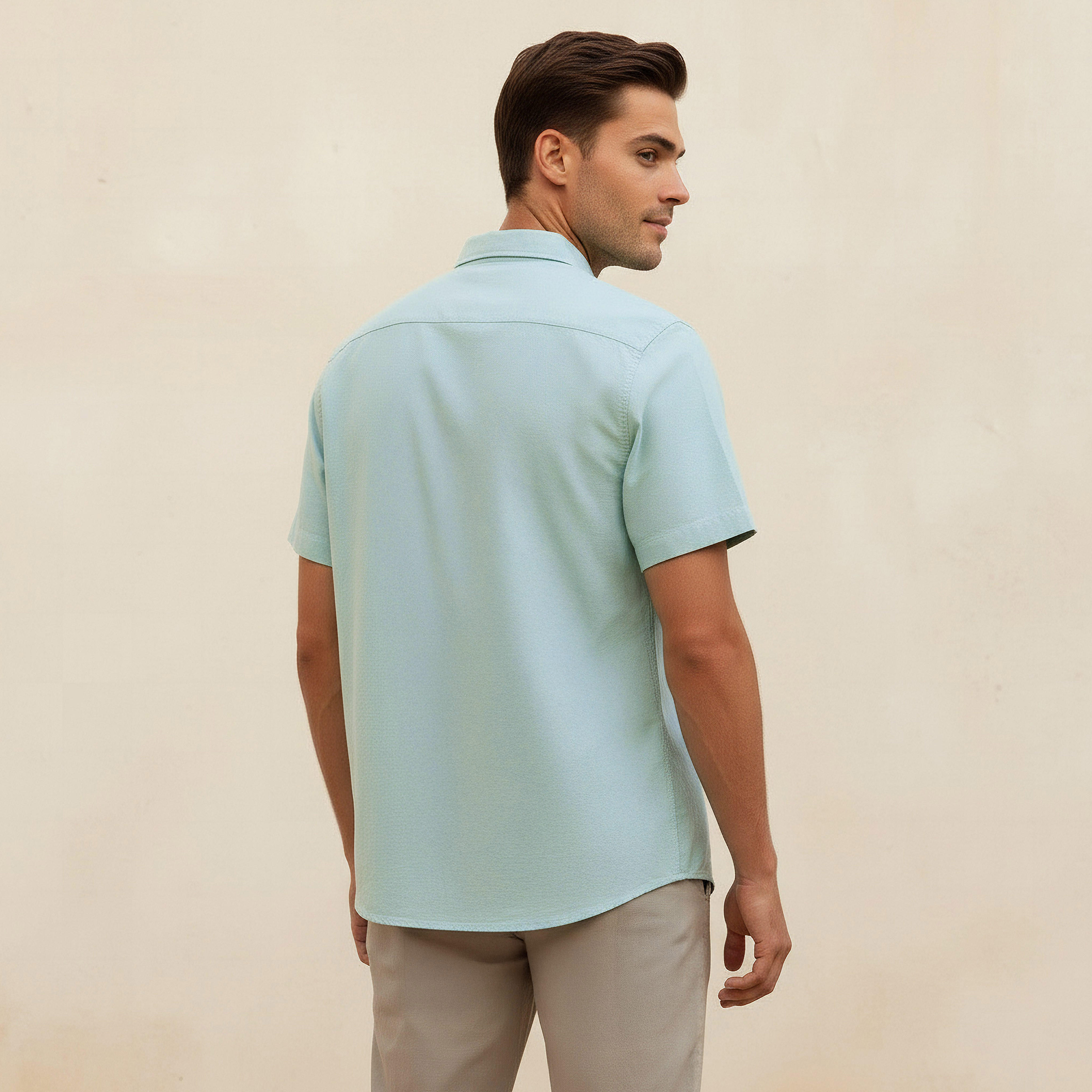 Men Regular Fit Collared Short Sleeves Oxford Shirt-men-clothing-shirts-image-4