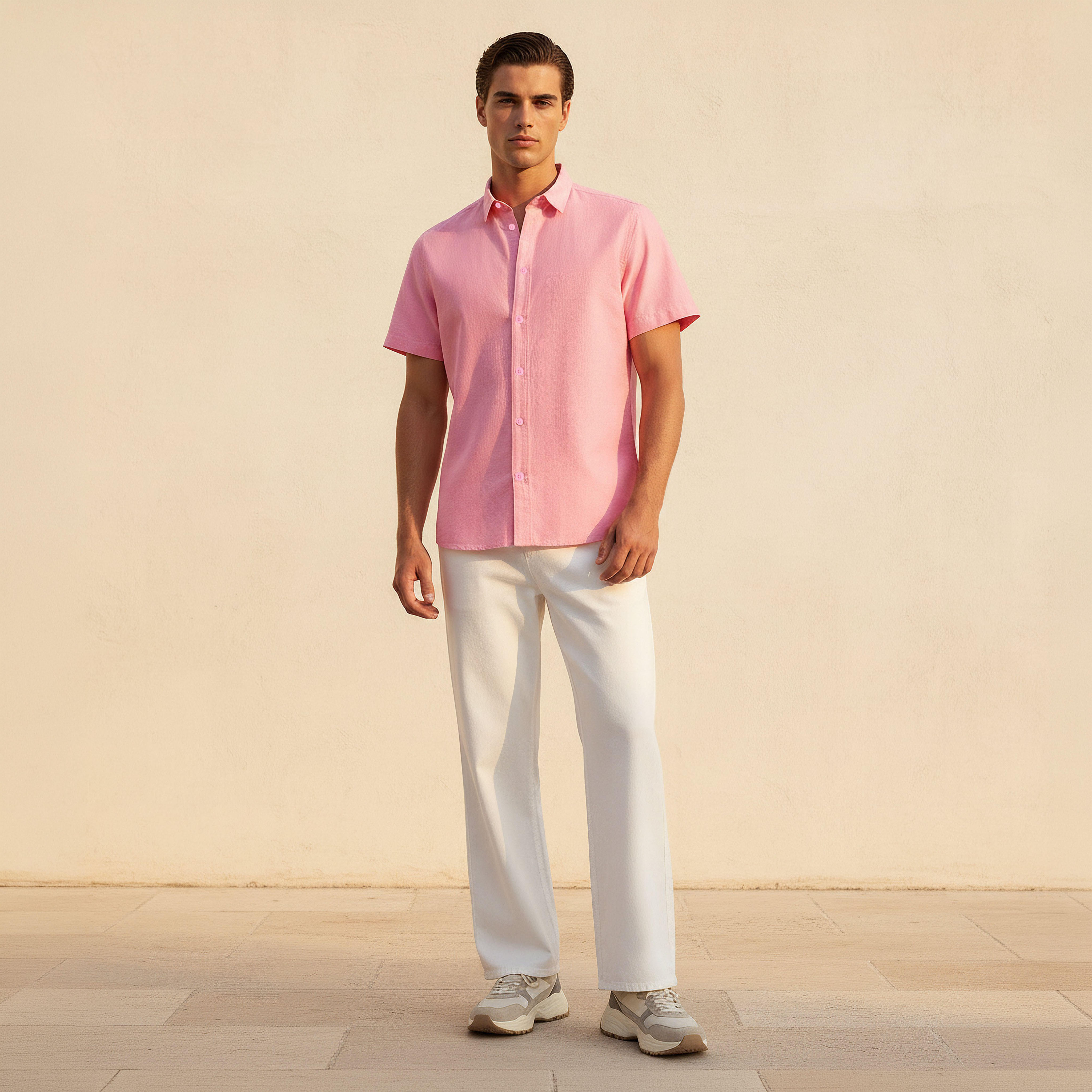 Men Regular Fit Collared Short Sleeves Oxford Shirt-men-clothing-shirts-image-3