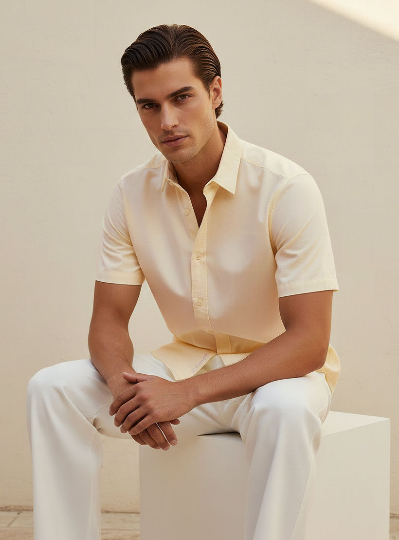 Men Regular Fit Collared Short Sleeves Oxford Shirt-men-clothing-shirts-image-5