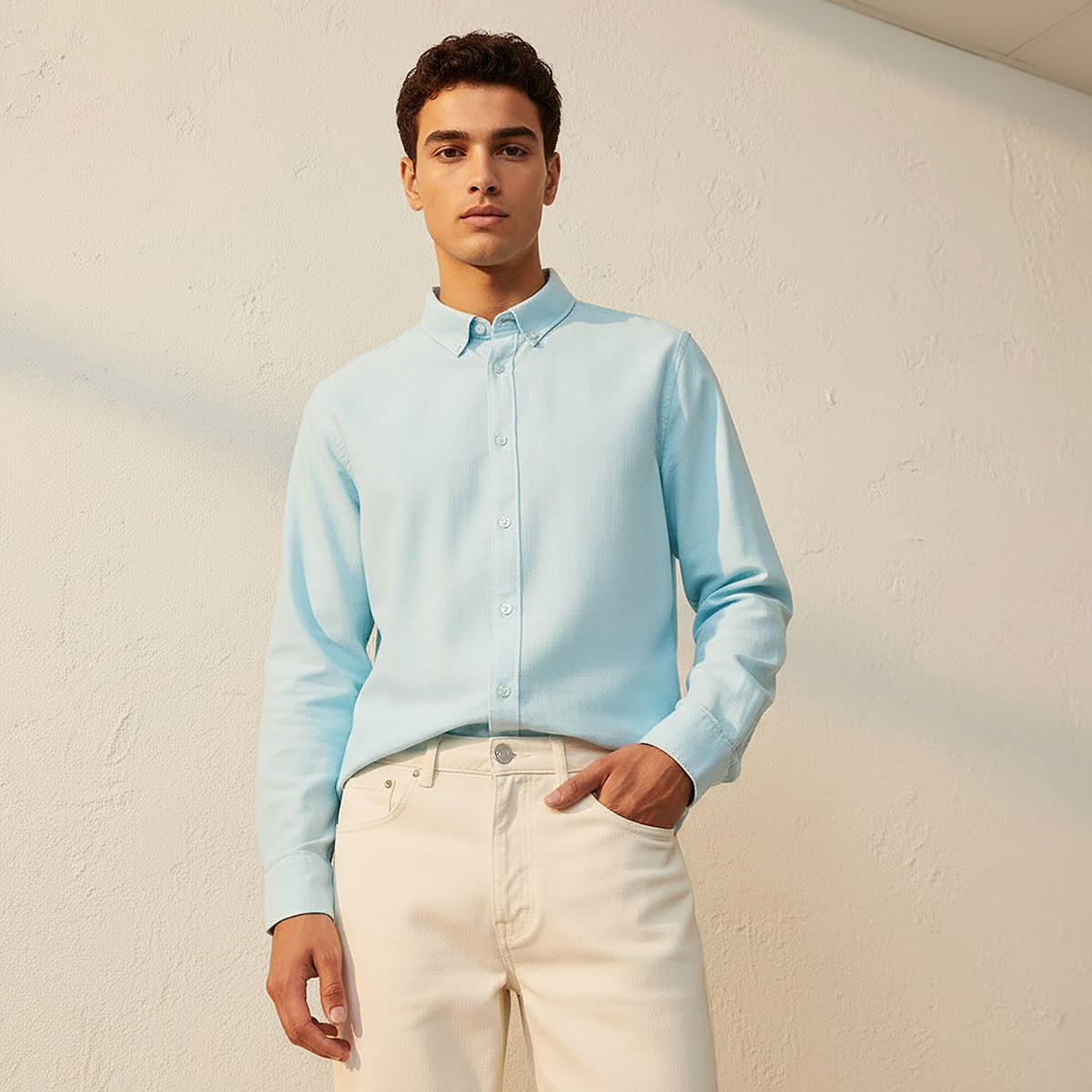 قميص بقصّة سليم وياقة عادية وأكمام طويلة وأزرار للرجال-men-clothing-shirts-image-1