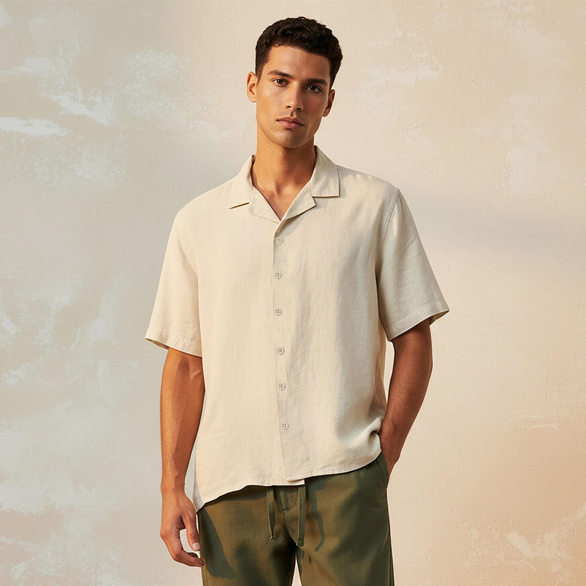 Splash Basic Regular Fit Camp Collar Linen Blend Shirt-men-clothing-shirts-image-1