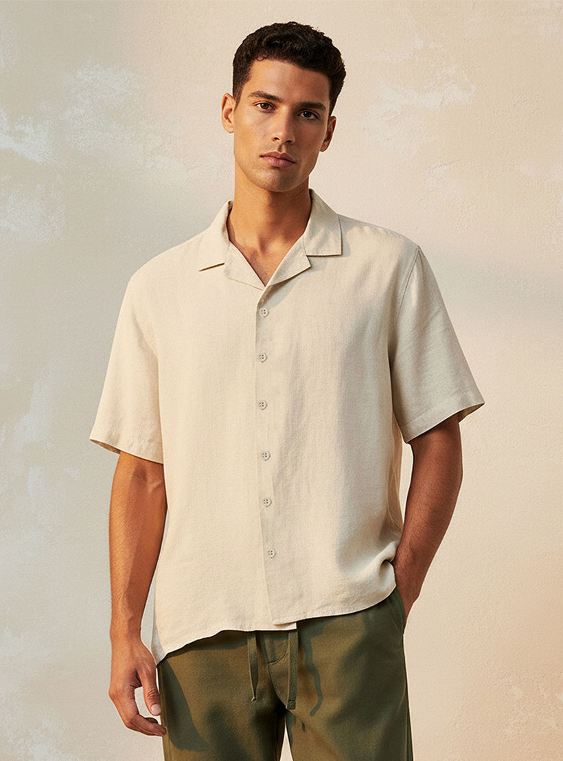 Splash Basic Regular Fit Camp Collar Linen Blend Shirt-men-clothing-shirts-image-1