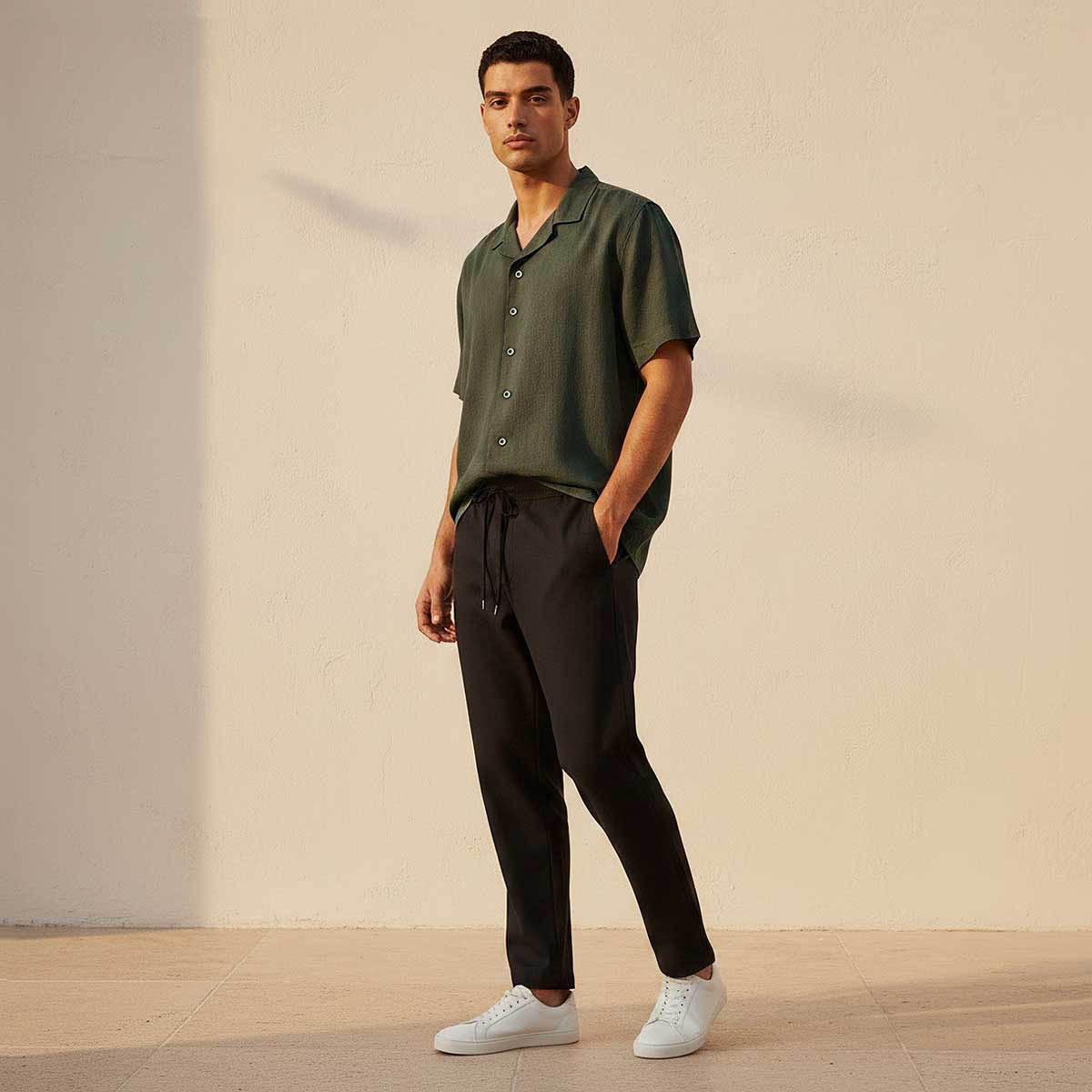 قميص مزيج الكتان بقصة عادية وياقة كامب من سبلاش بيسك-men-clothing-shirts-image-3