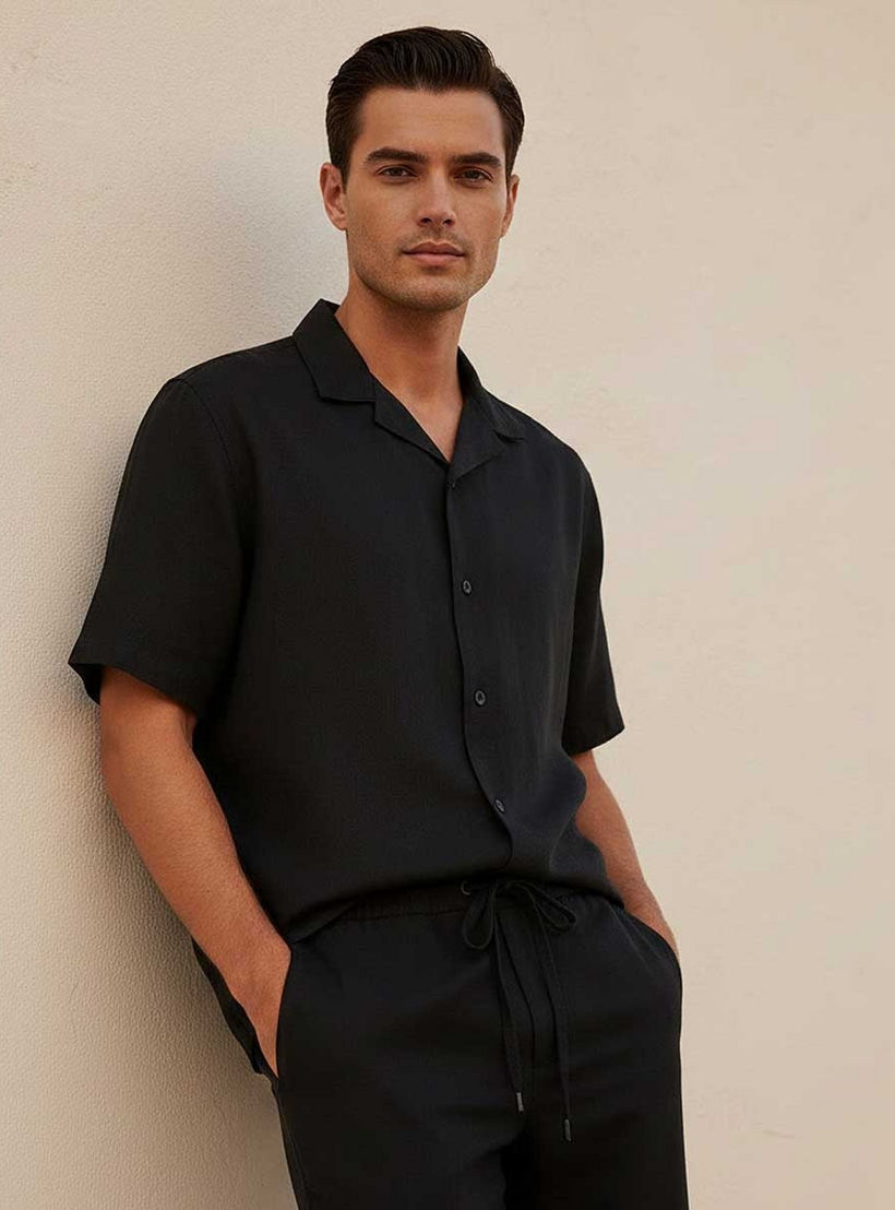 Splash Basic Regular Fit Camp Collar Linen Blend Shirt-men-clothing-shirts-image-1