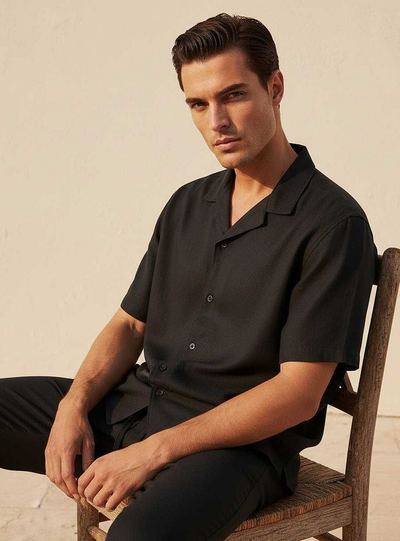 Splash Basic Regular Fit Camp Collar Linen Blend Shirt-men-clothing-shirts-image-5