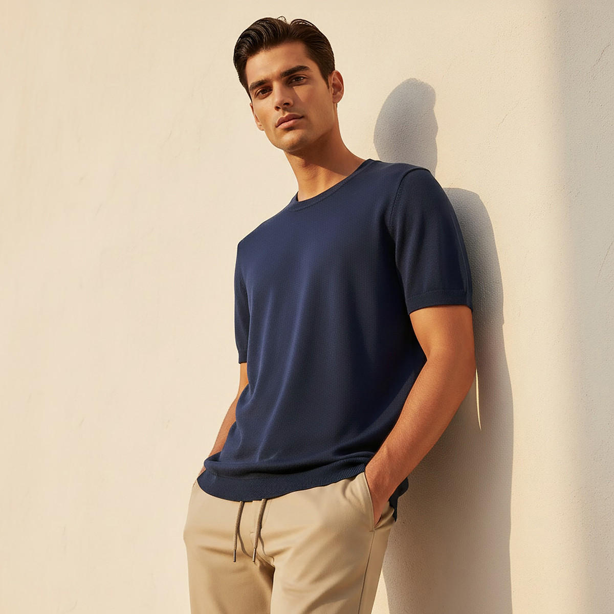 تيشيرت بقصة عادية وياقة ضيقة وأكمام قصيرة للرجال-men-clothing-tshirtsandpolos-tshirts-image-1