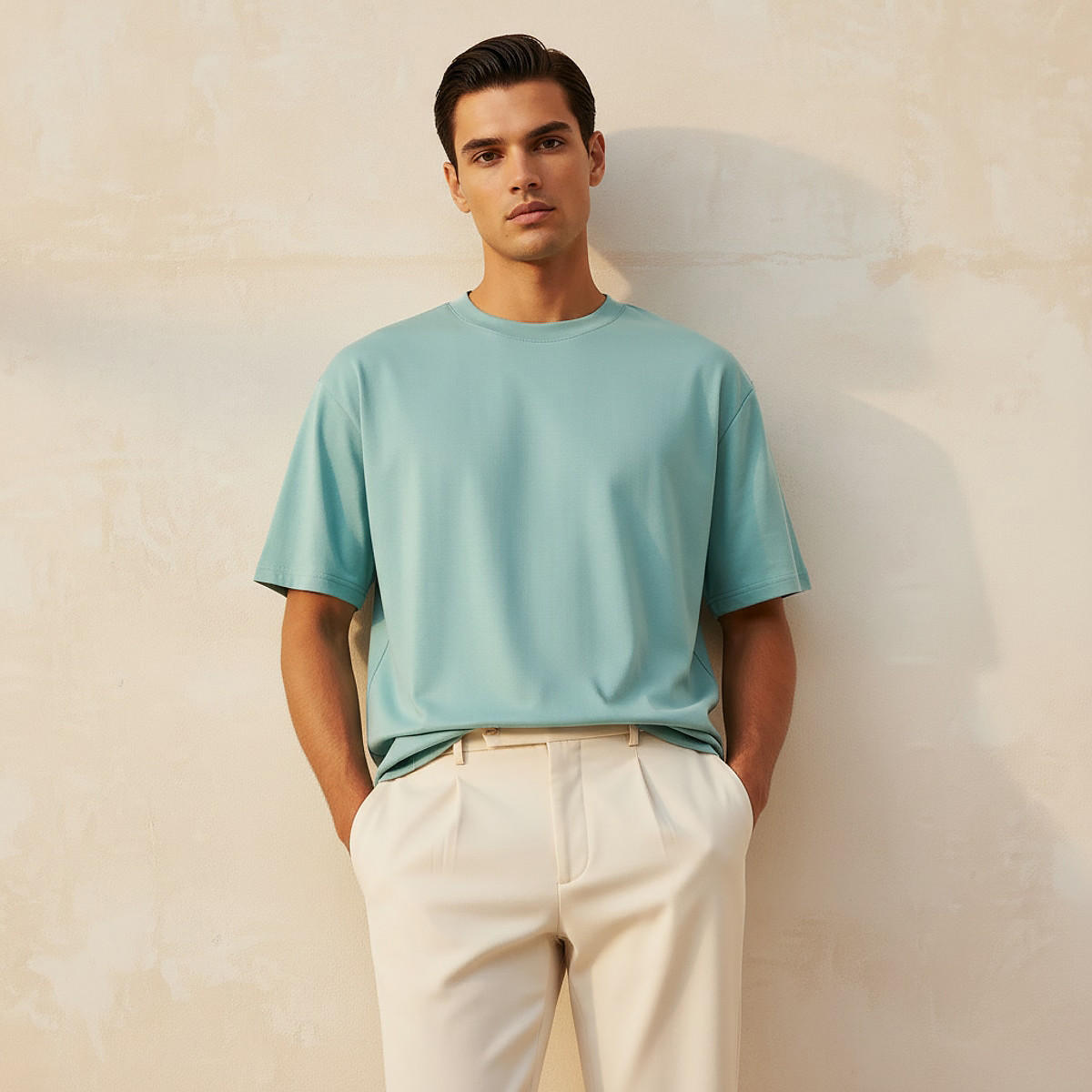 تيشيرت بقصّة مريحة وياقة ضيقة وأكمام قصيرة للرجال-men-clothing-tshirtsandpolos-tshirts-image-1