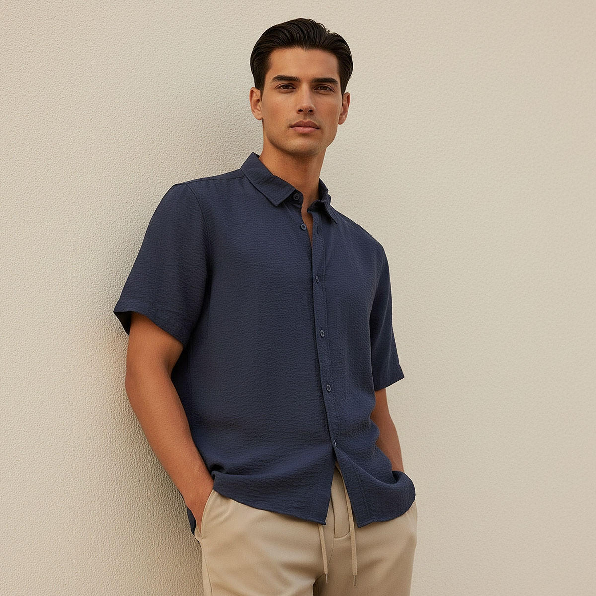 Splash Basic Regular Fit Collared Textured Short Sleeves Shirt-men-clothing-shirts-image-1