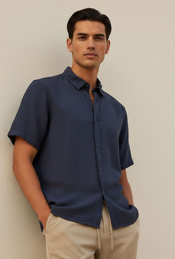 Splash Basic Regular Fit Collared Textured Short Sleeves Shirt-men-clothing-image-1