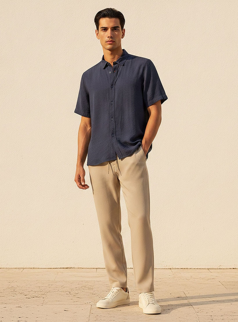 Splash Basic Regular Fit Collared Textured Short Sleeves Shirt-men-clothing-shirts-image-3