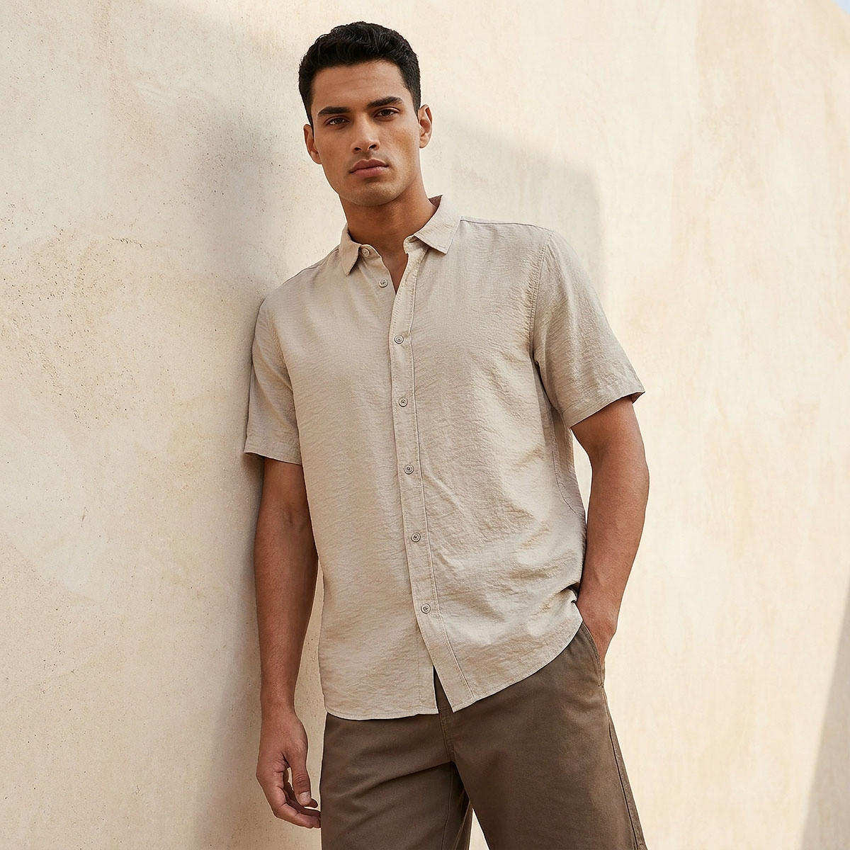Splash Basic Regular Fit Collared Textured Short Sleeves Shirt-men-clothing-shirts-image-1