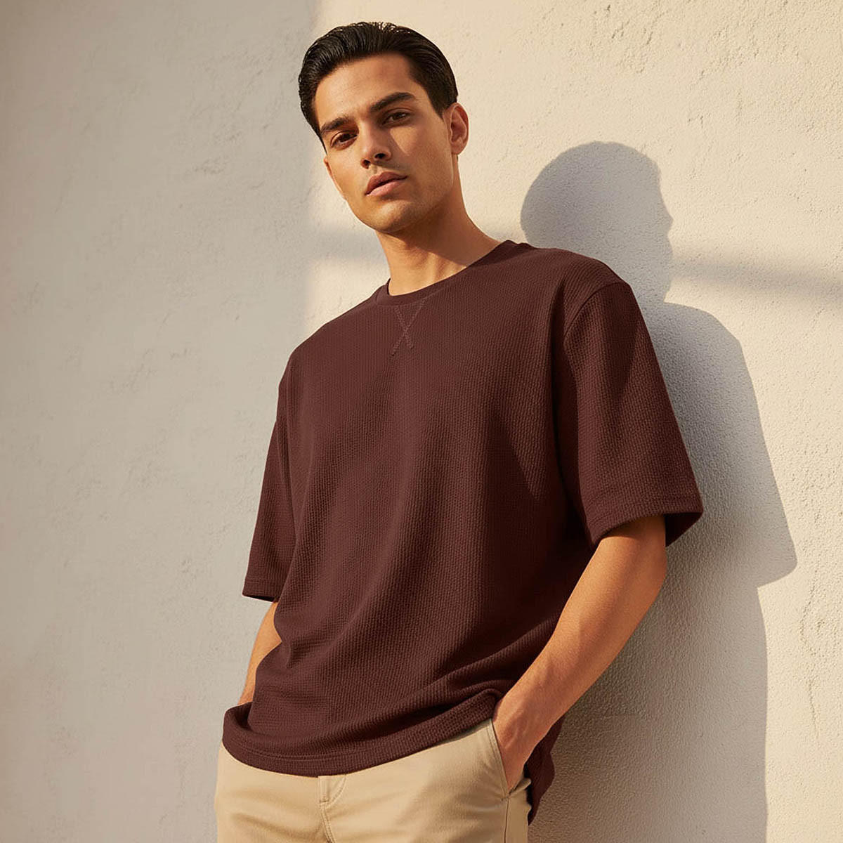 تيشيرت بارز الملمس بقصّة سليم وياقة ضيقة وأكمام قصيرة للرجال-men-clothing-tshirtsandpolos-tshirts-image-1
