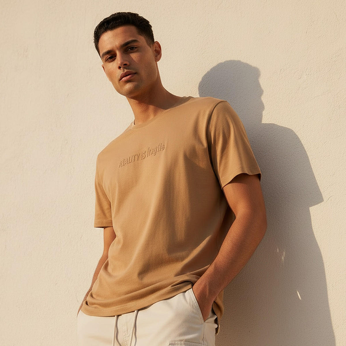 تيشيرت منقوش بقصّة سليم وياقة ضيقة وأكمام قصيرة للرجال-men-clothing-tshirtsandpolos-tshirts-image-1