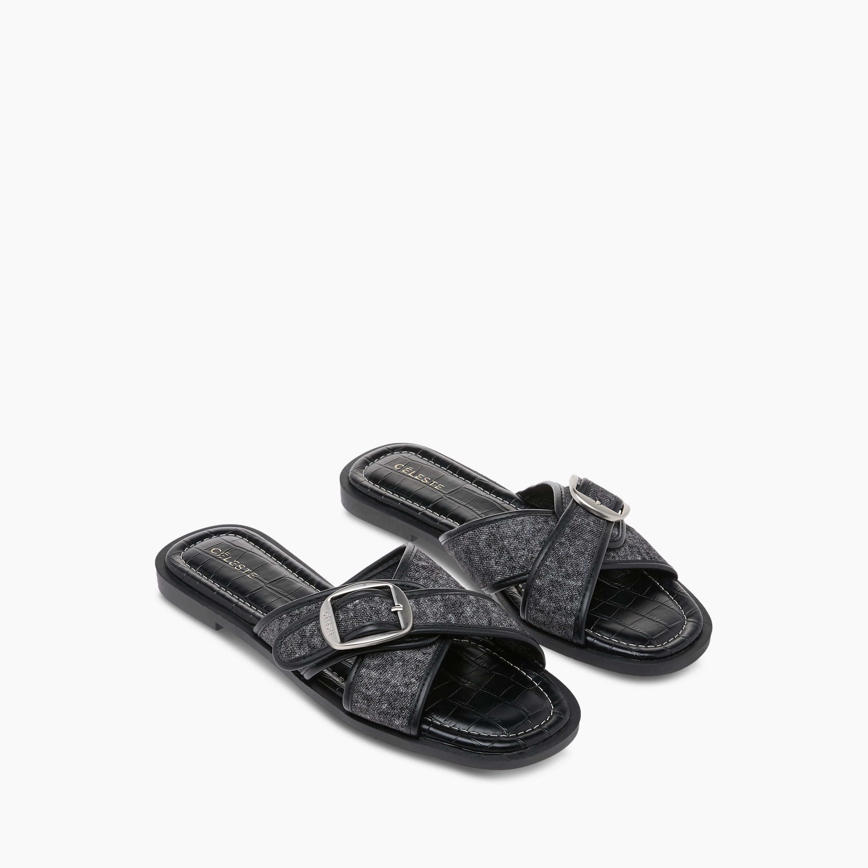 Celeste Women's Textured Slip-On Cross Strap Flat Sandals with Buckle Accent-women-shoes-flats-sandals-image-1