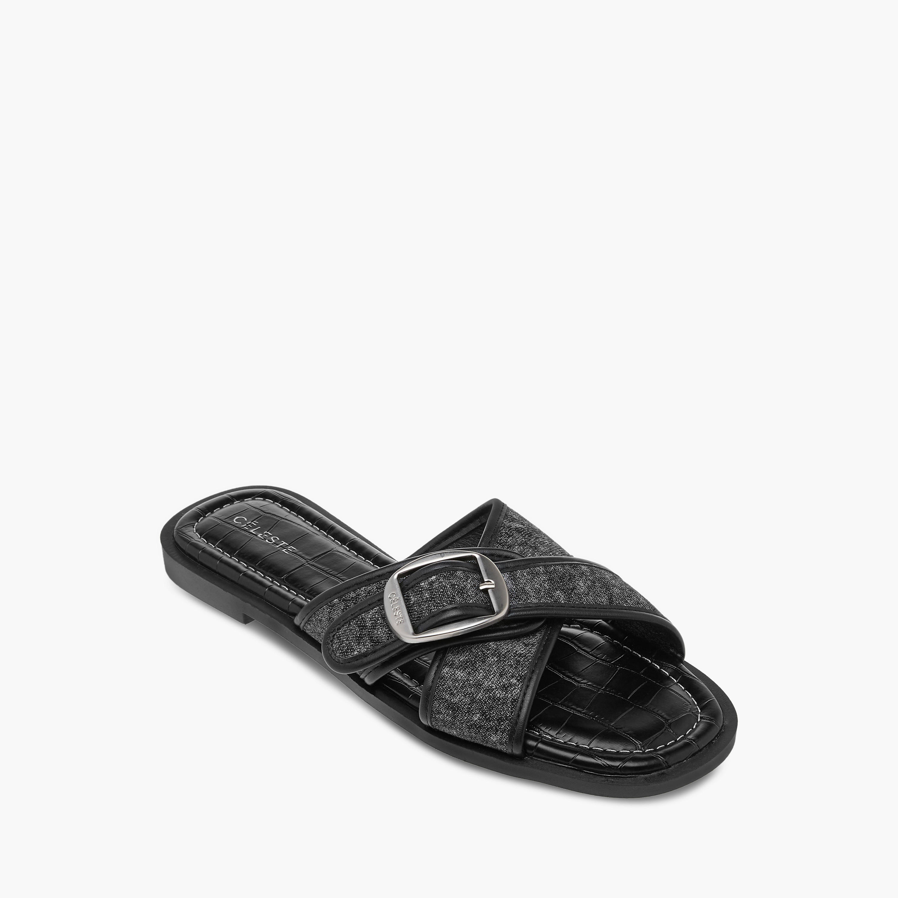 Celeste Women's Textured Slip-On Cross Strap Flat Sandals with Buckle Accent-women-shoes-flats-sandals-image-2