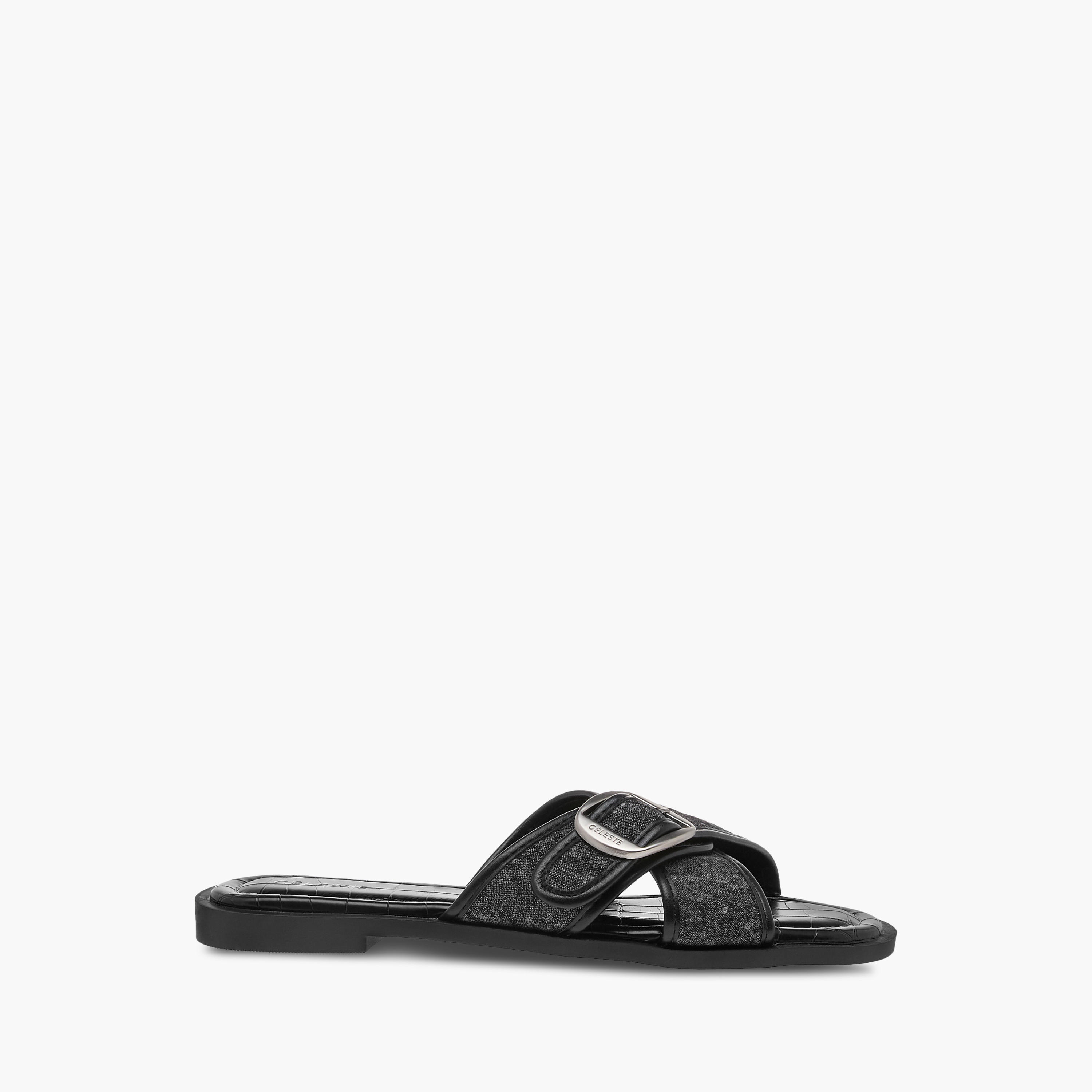 Celeste Women's Textured Slip-On Cross Strap Flat Sandals with Buckle Accent-women-shoes-flats-sandals-image-3