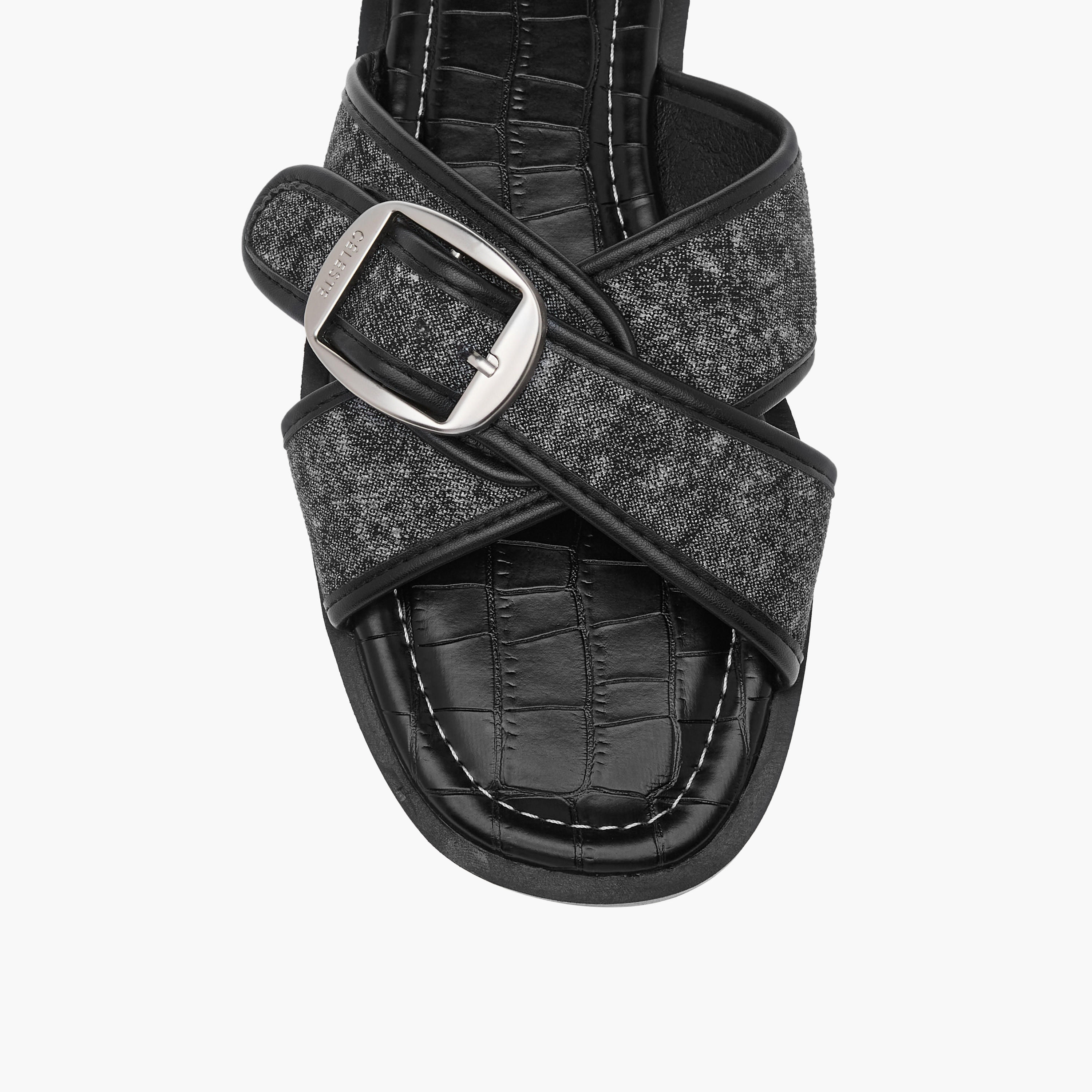 Celeste Women's Textured Slip-On Cross Strap Flat Sandals with Buckle Accent-women-shoes-flats-sandals-image-4