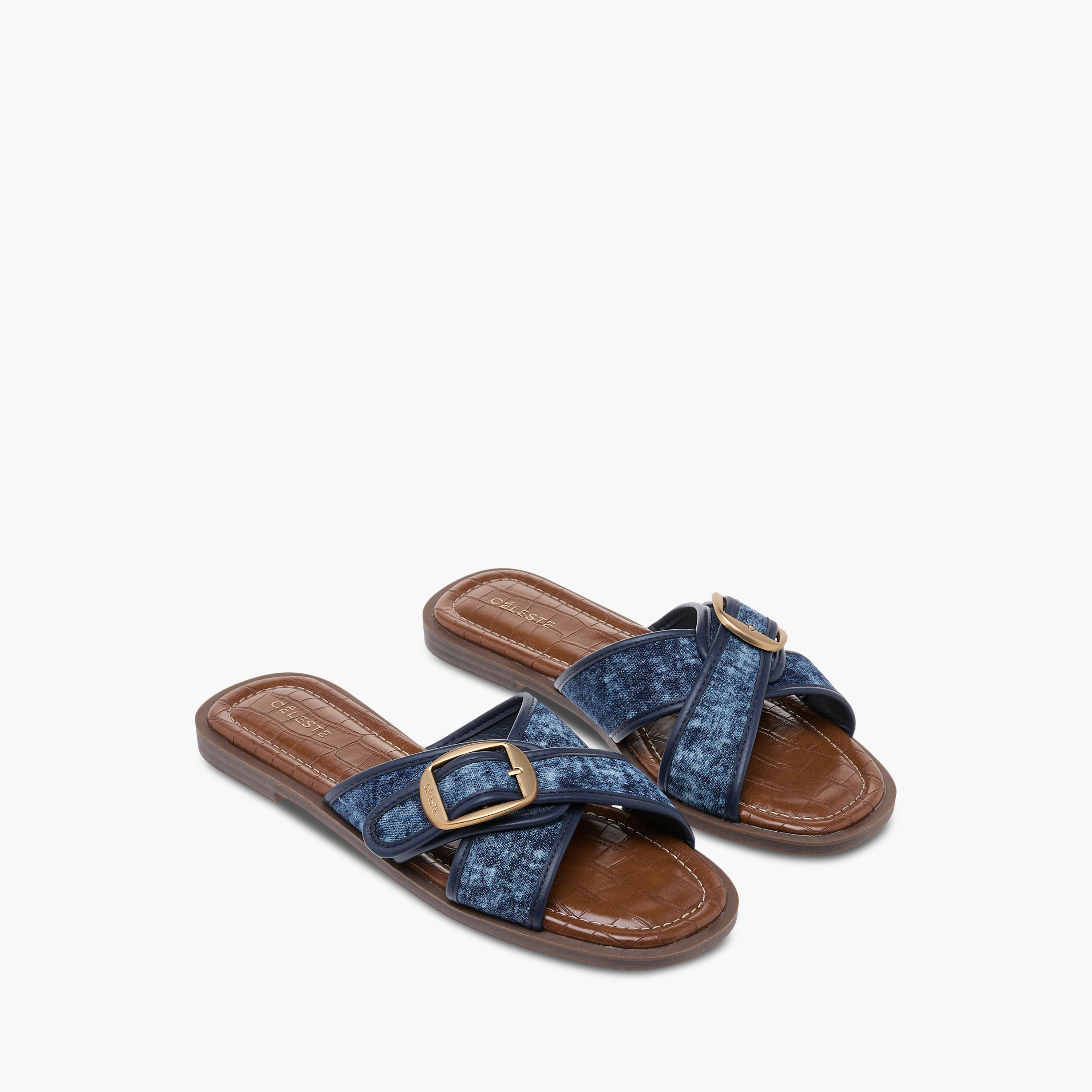 Celeste Women's Textured Slip-On Cross Strap Flat Sandals with Buckle Accent-women-shoes-flats-sandals-image-1