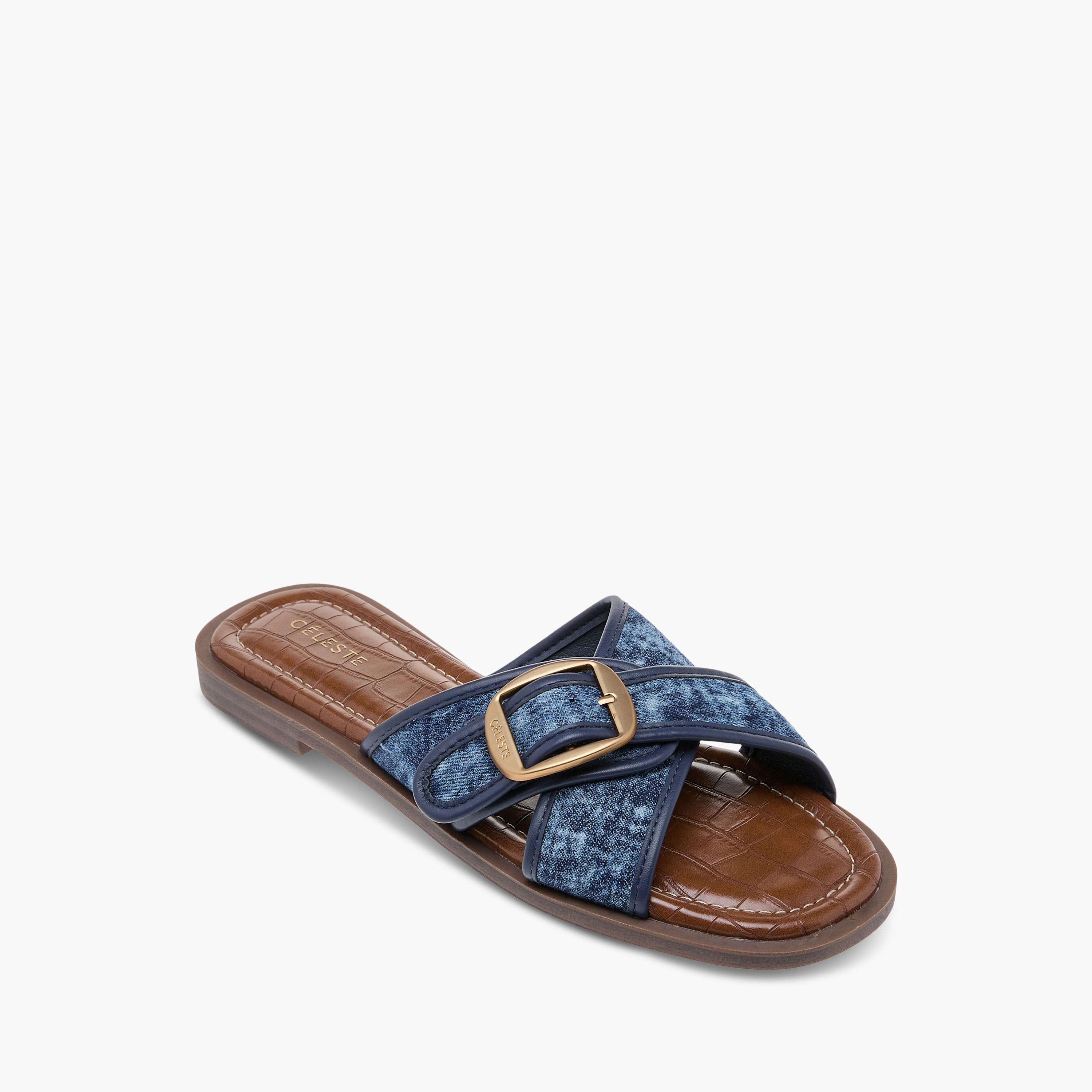 Celeste Women's Textured Slip-On Cross Strap Flat Sandals with Buckle Accent-women-shoes-flats-sandals-image-2