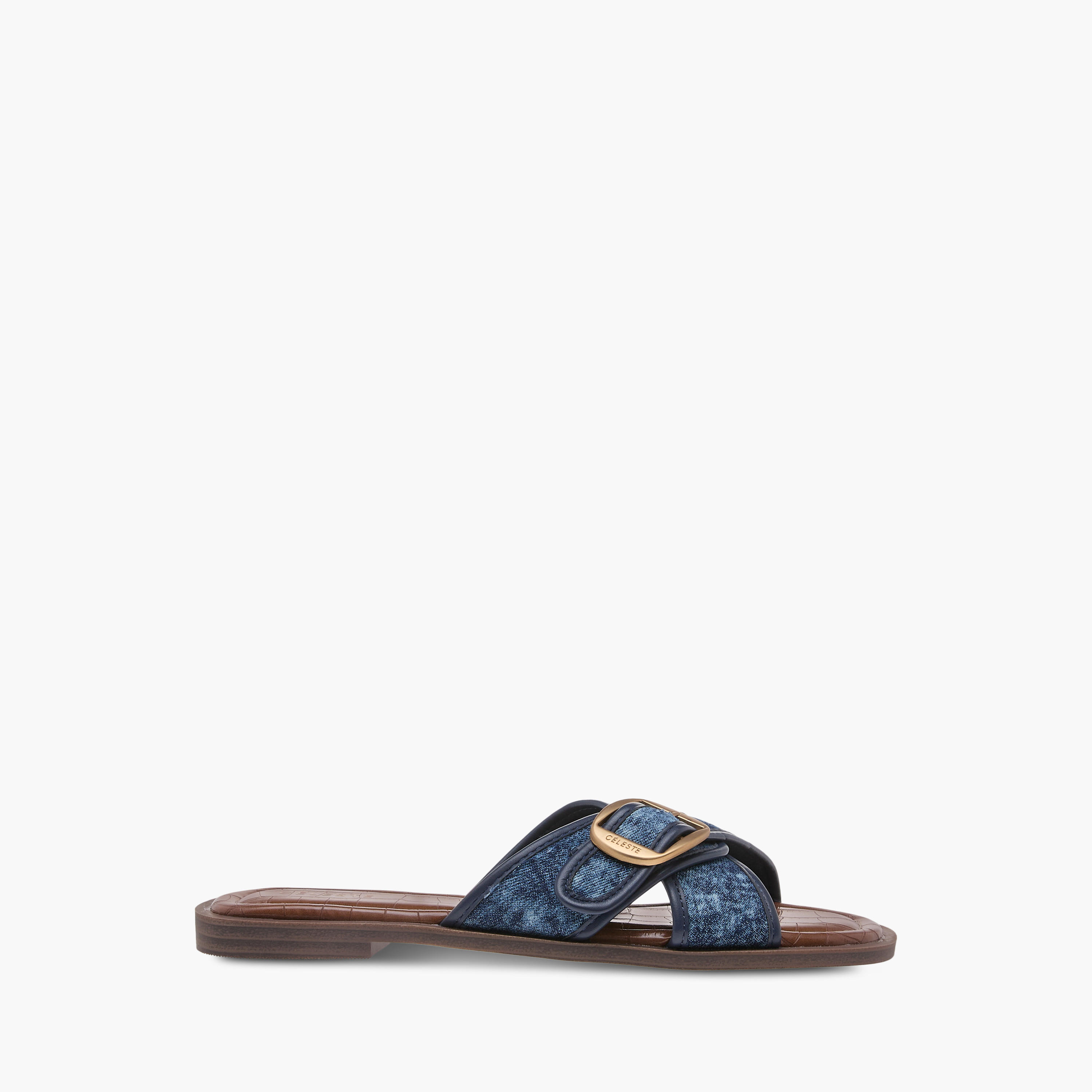 Celeste Women's Textured Slip-On Cross Strap Flat Sandals with Buckle Accent-women-shoes-flats-sandals-image-3