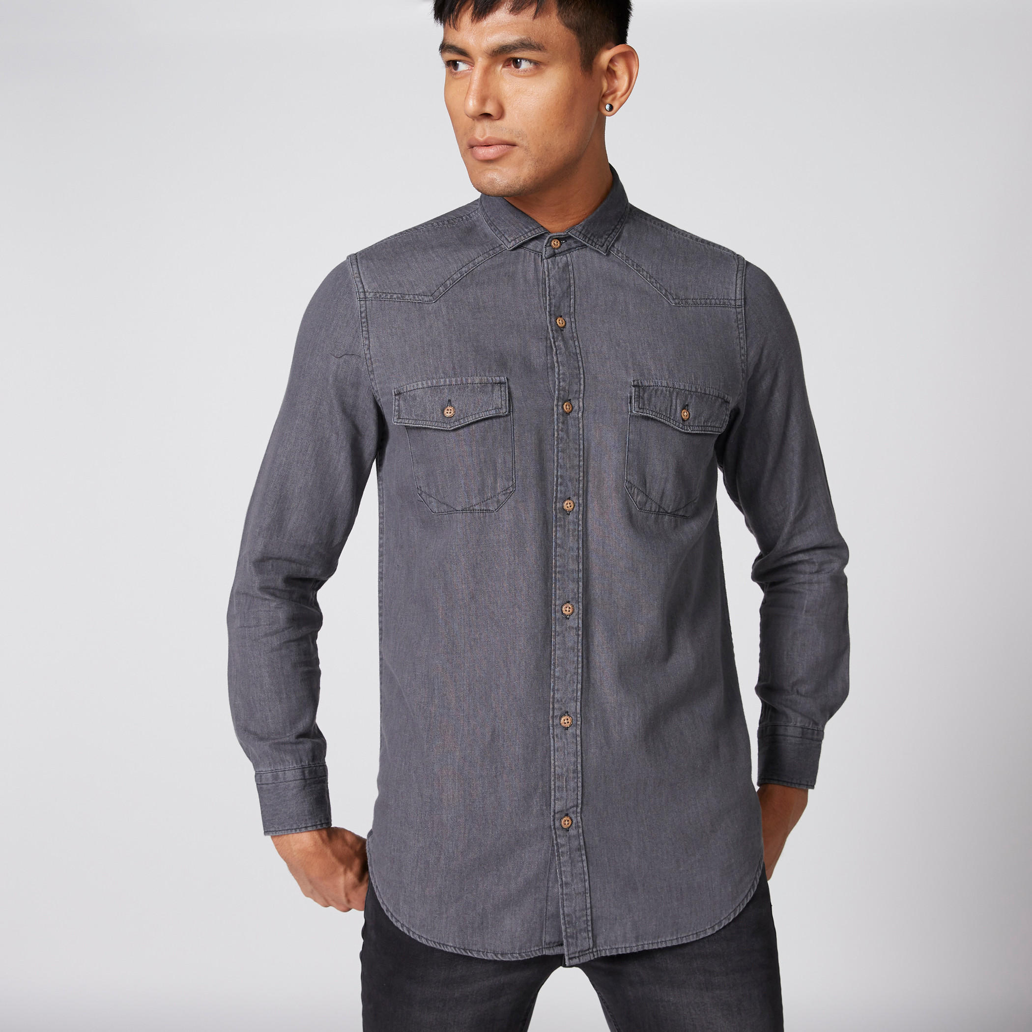 Denim Shirt with Long Sleeves and Complete Placket-men-clothing-shirts-image-1