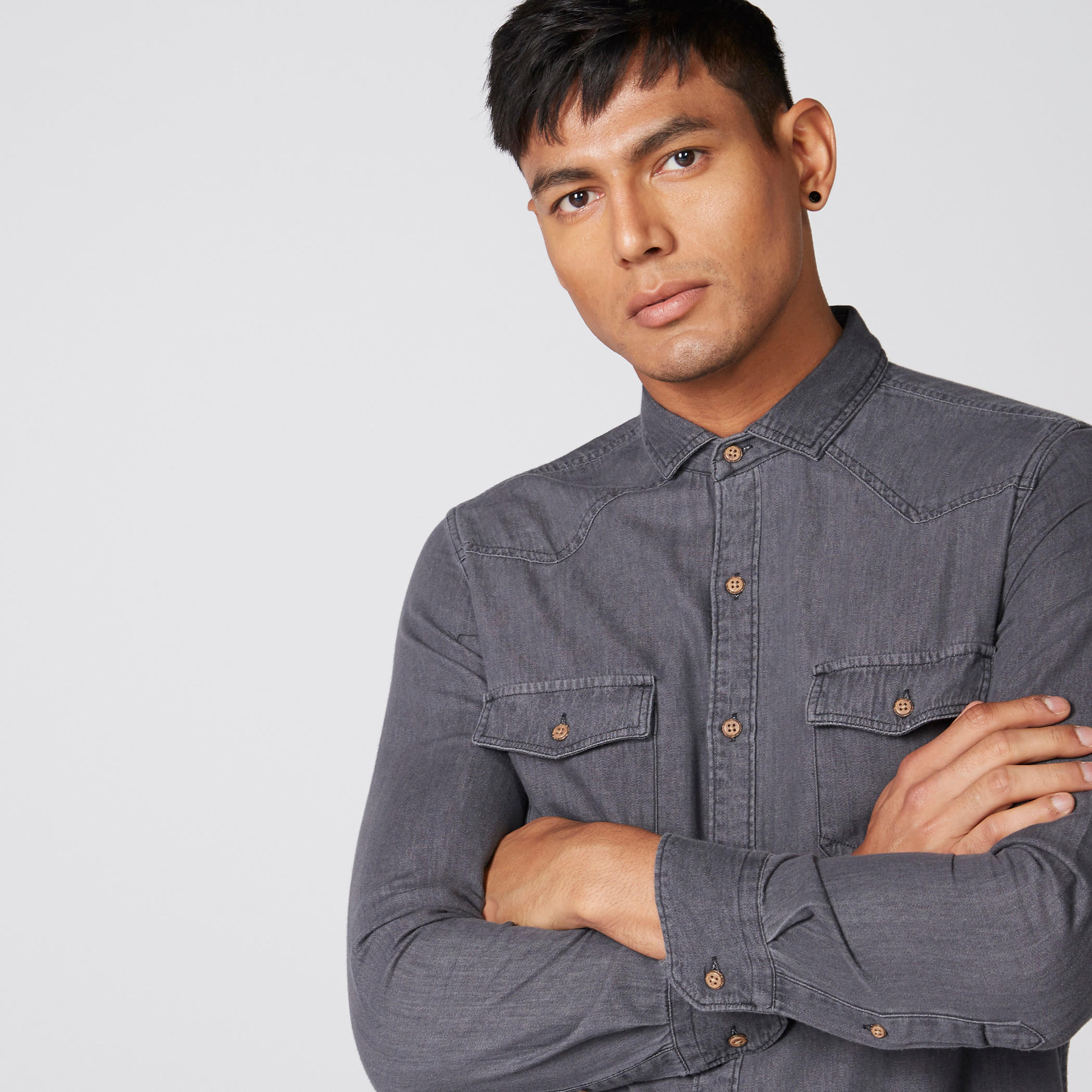 Denim Shirt with Long Sleeves and Complete Placket-men-clothing-shirts-image-3