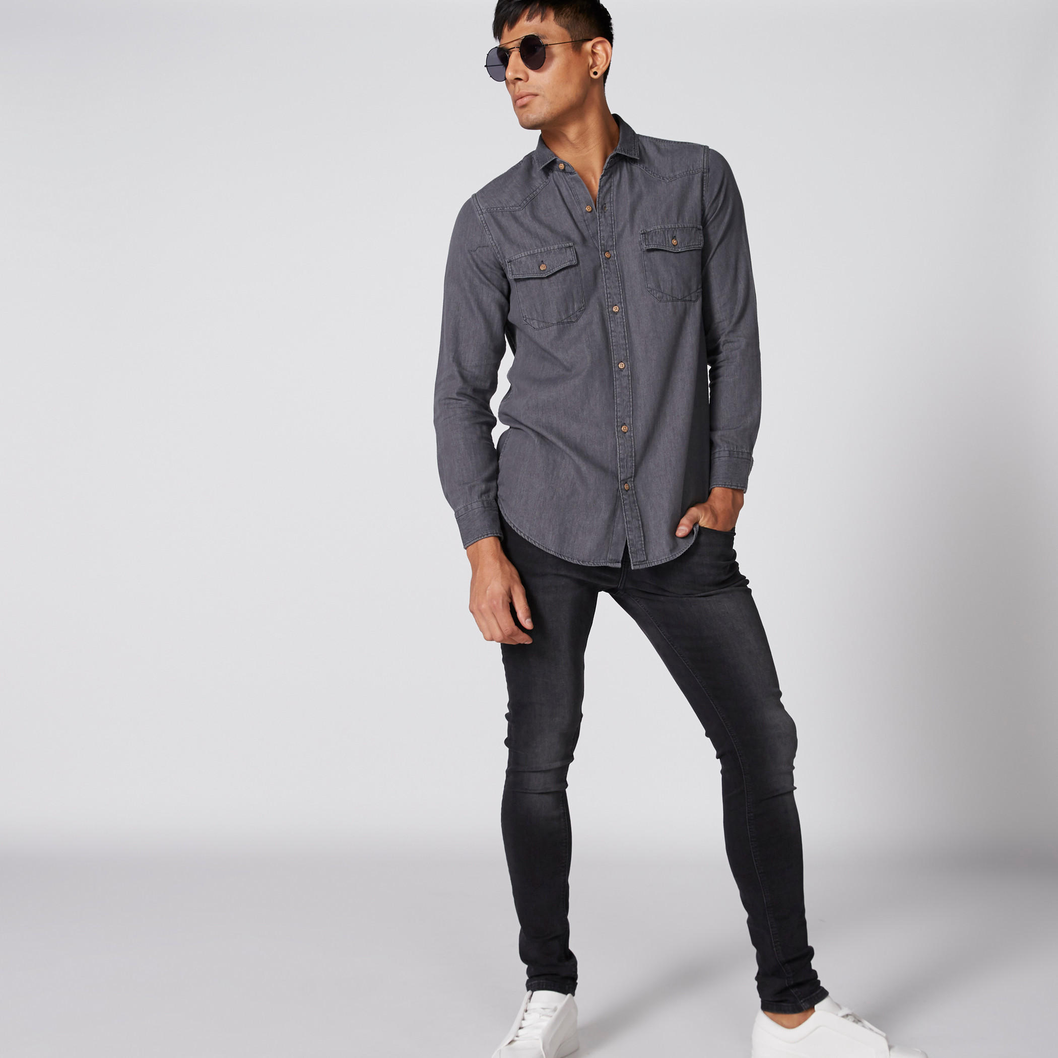 Denim Shirt with Long Sleeves and Complete Placket-men-clothing-shirts-image-4