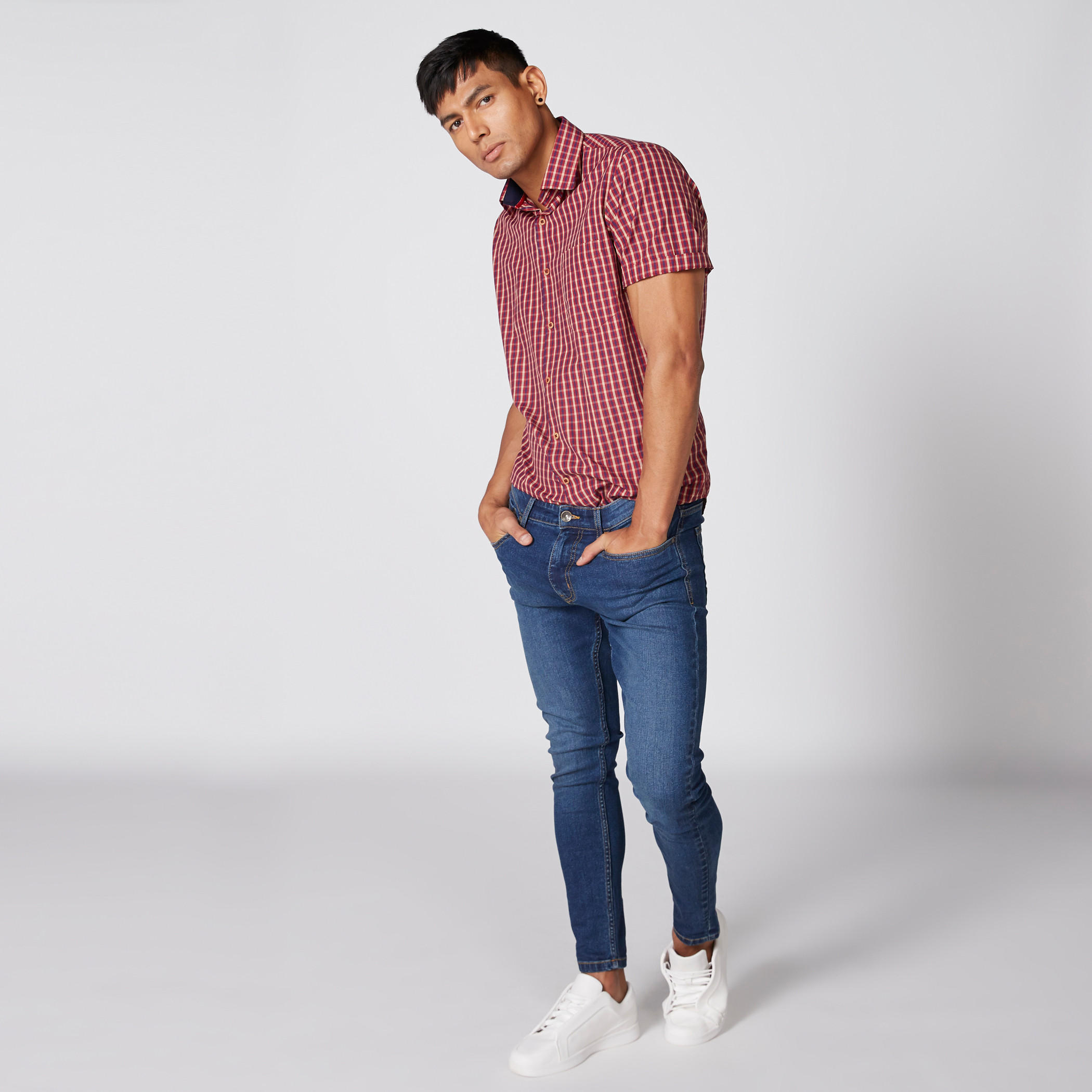 قميص مربعات سهل الكي بأكمام قصيرة وأزرار-men-clothing-shirts-image-3