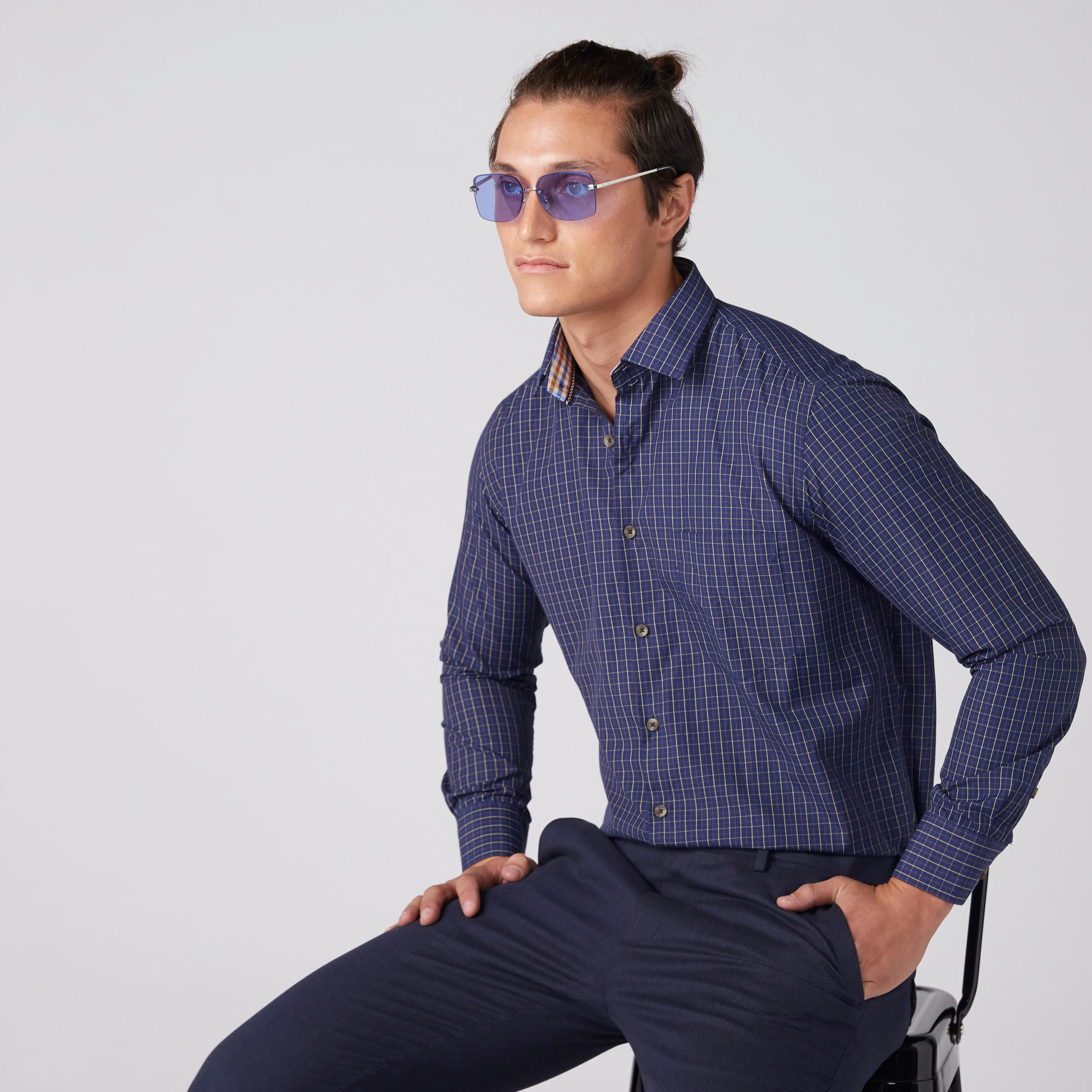 قميص مربعات سهل الكي بأكمام طويلة وأزرار-men-clothing-shirts-image-2