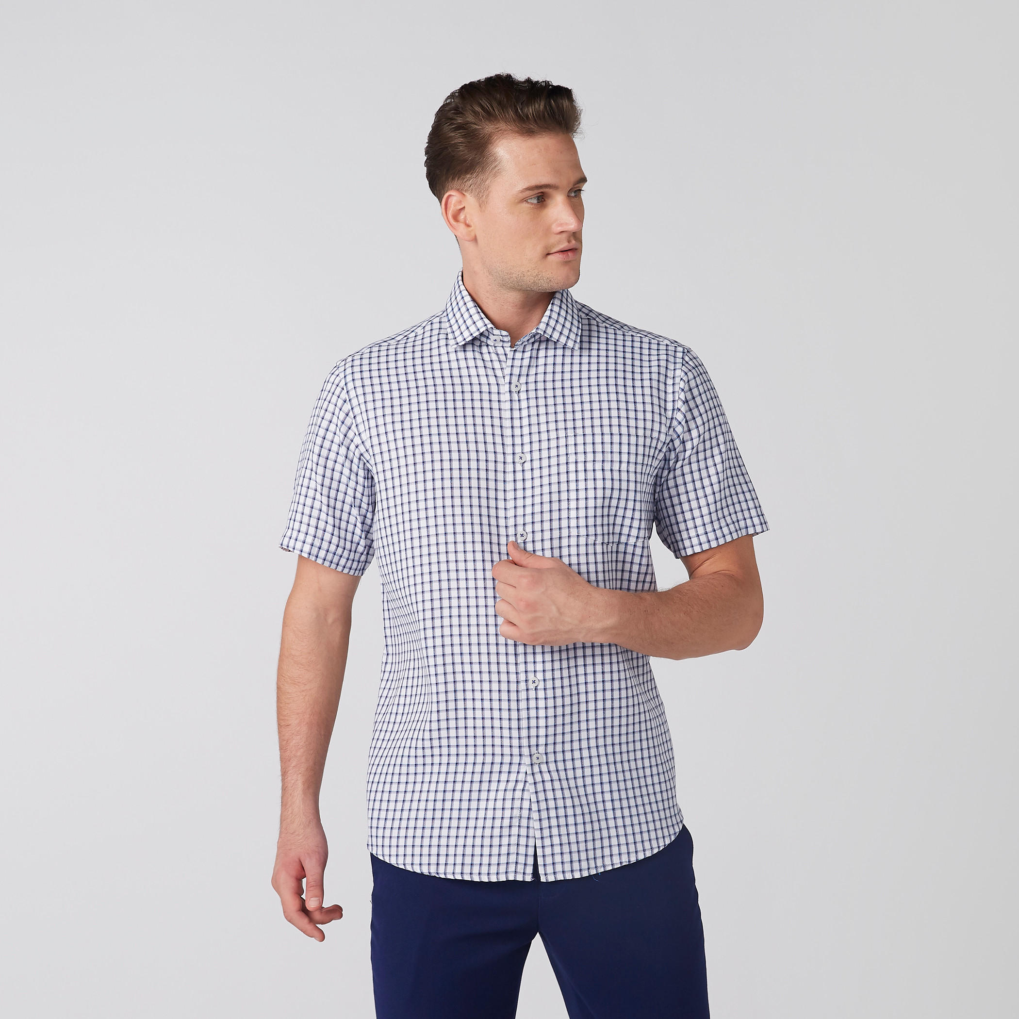 قميص مربعات سهل الكي بأكمام قصيرة وأزرار-men-clothing-shirts-image-3