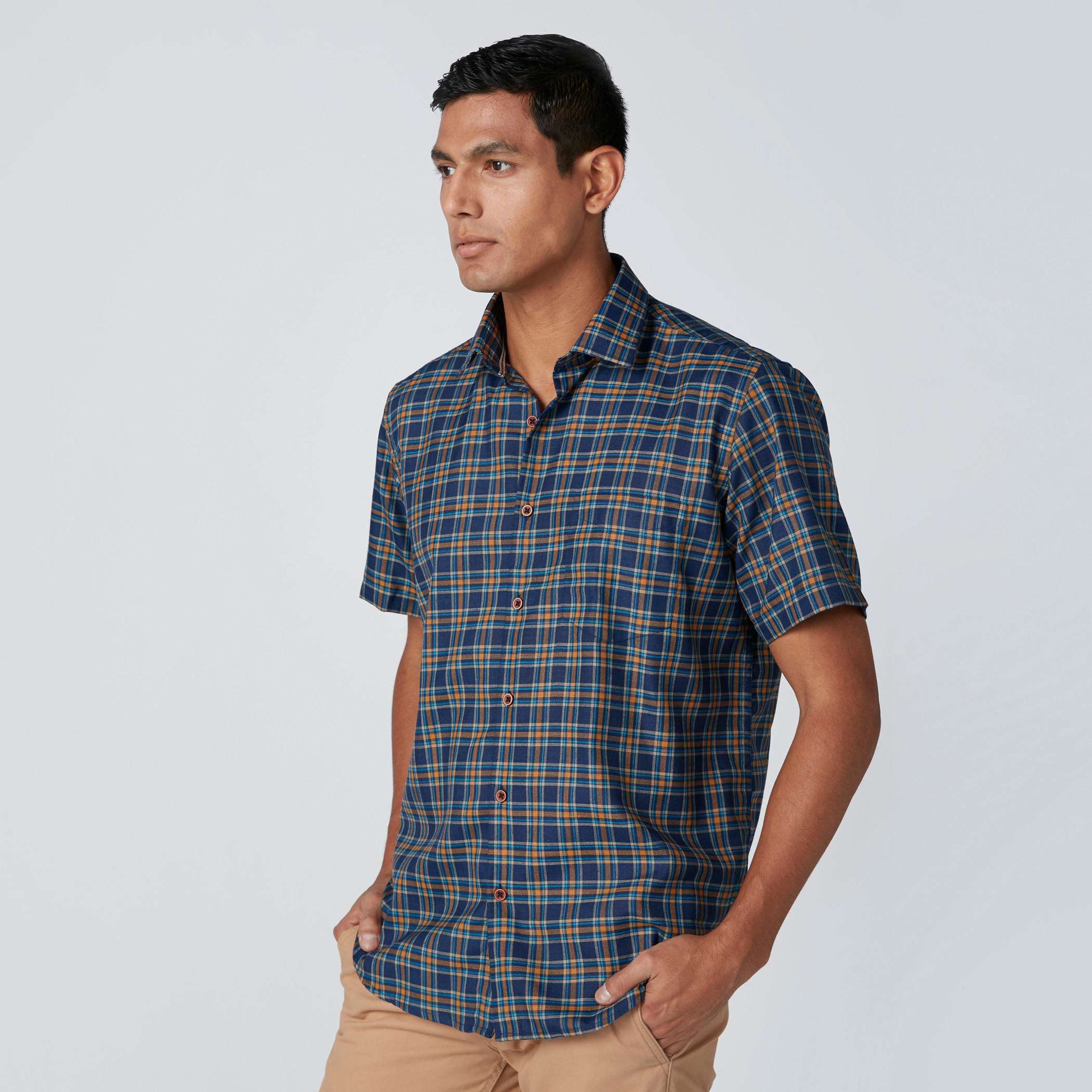 Easy Iron Checked Shirt with Short Sleeves and Complete Placket-men-clothing-shirts-image-1