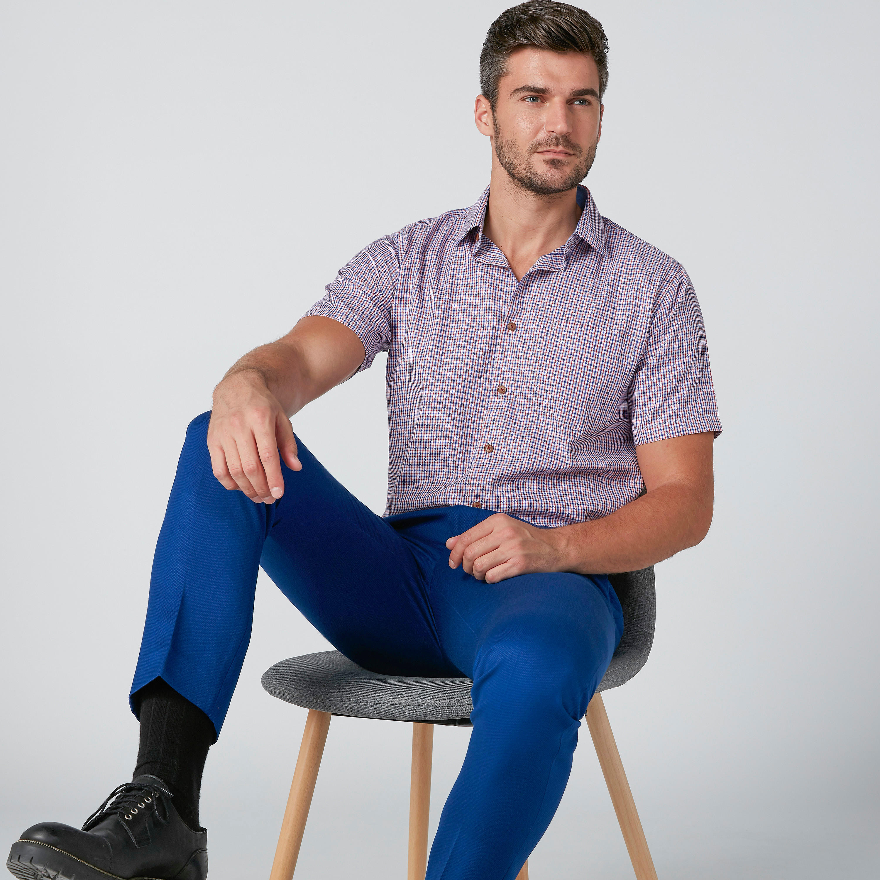 Easy Iron Checked Shirt with Short Sleeves and Complete Placket-men-clothing-shirts-image-1