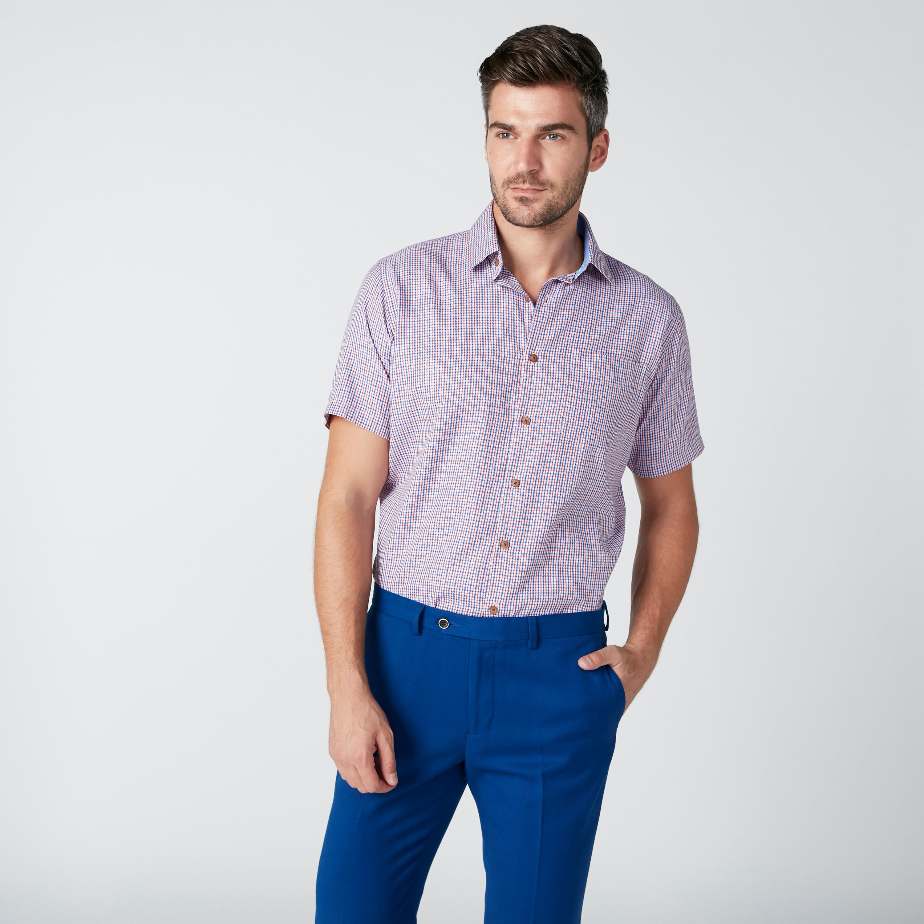 Easy Iron Checked Shirt with Short Sleeves and Complete Placket-men-clothing-shirts-image-3