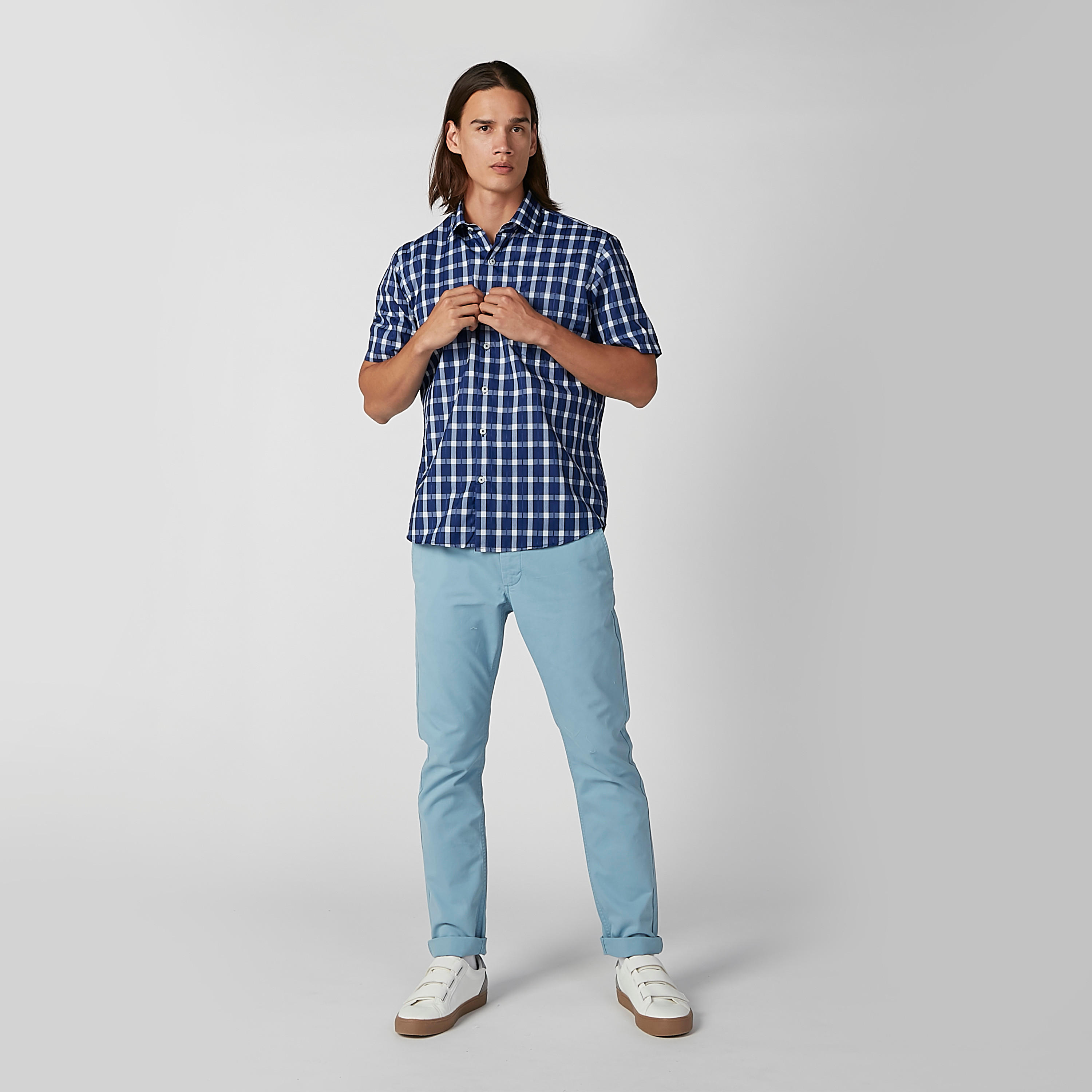 قميص مربعات سهل الكي بأكمام قصيرة وأزرار-men-clothing-shirts-image-1