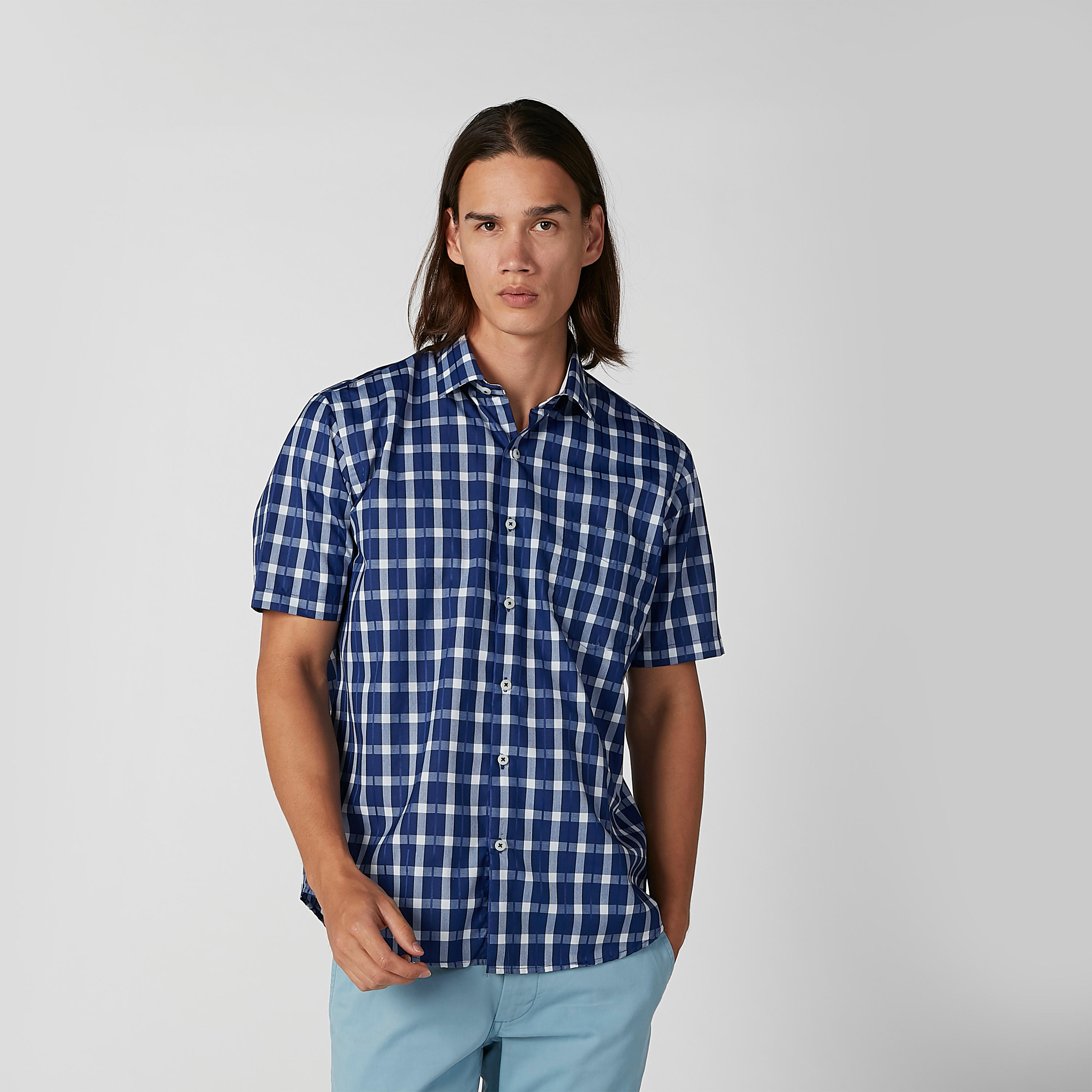 قميص مربعات سهل الكي بأكمام قصيرة وأزرار-men-clothing-shirts-image-2