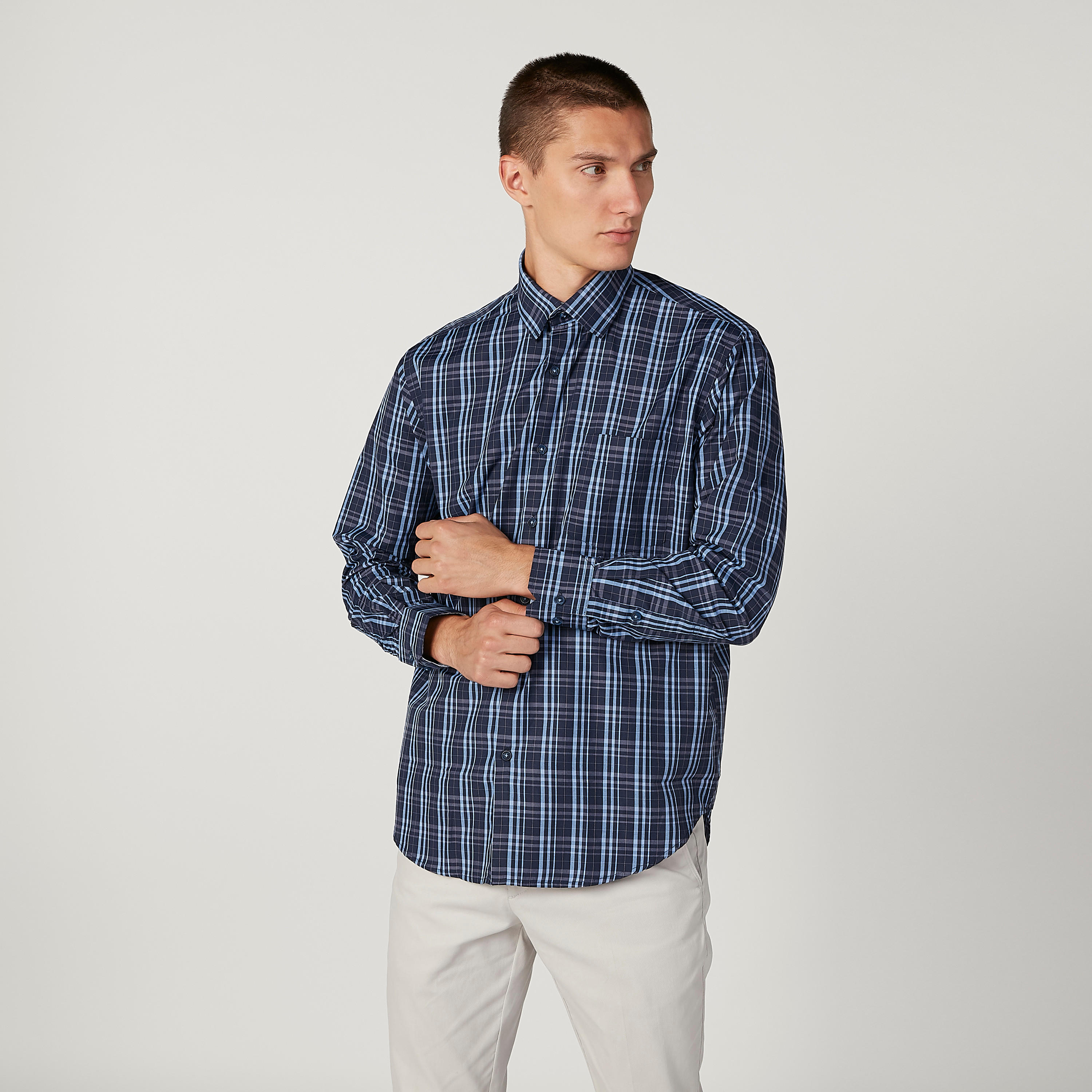 Easy Iron Checked Shirt with Long Sleeves and Spread Collar-men-clothing-shirts-image-1