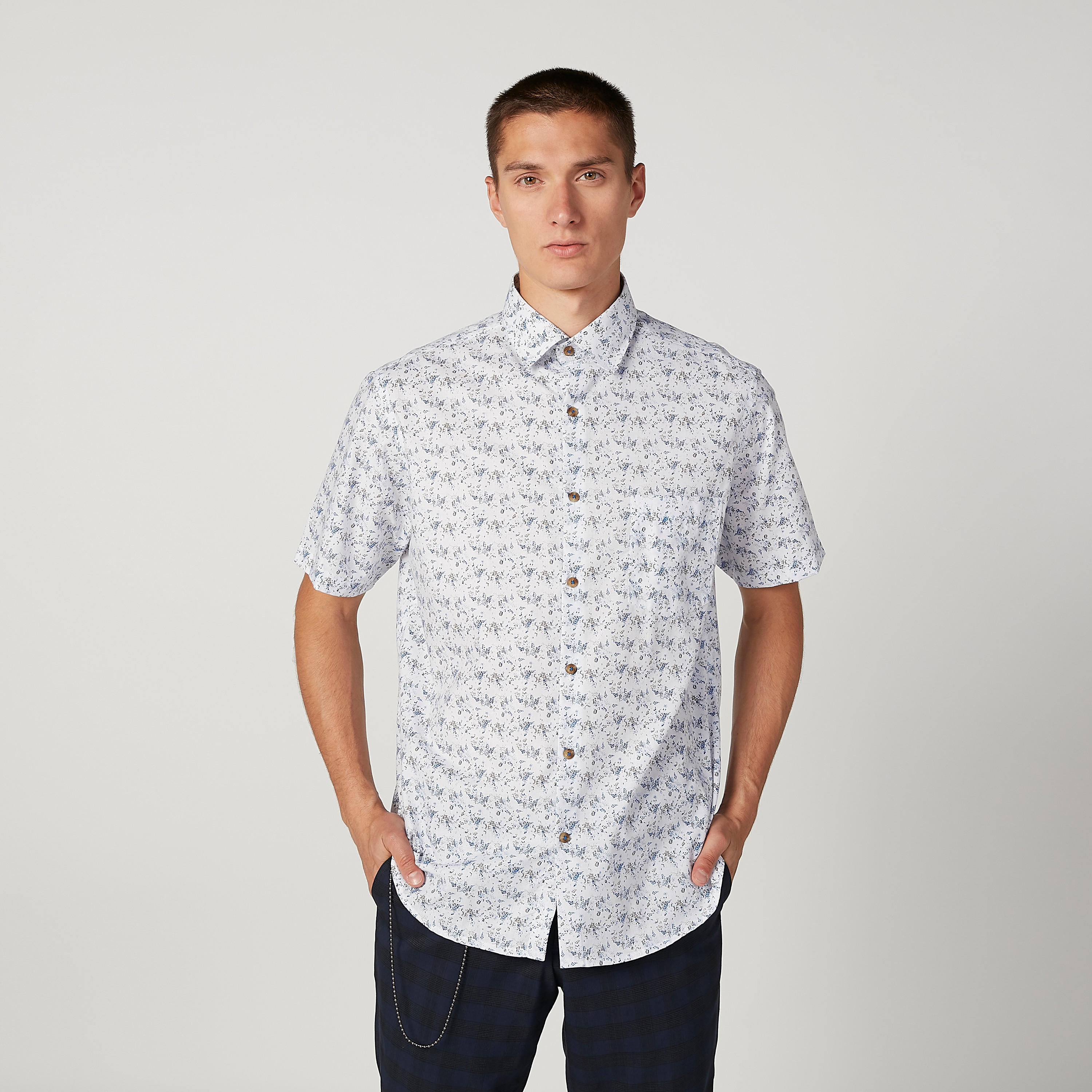 Printed Shirt with Short Sleeves and Spread Collar-men-clothing-shirts-image-1