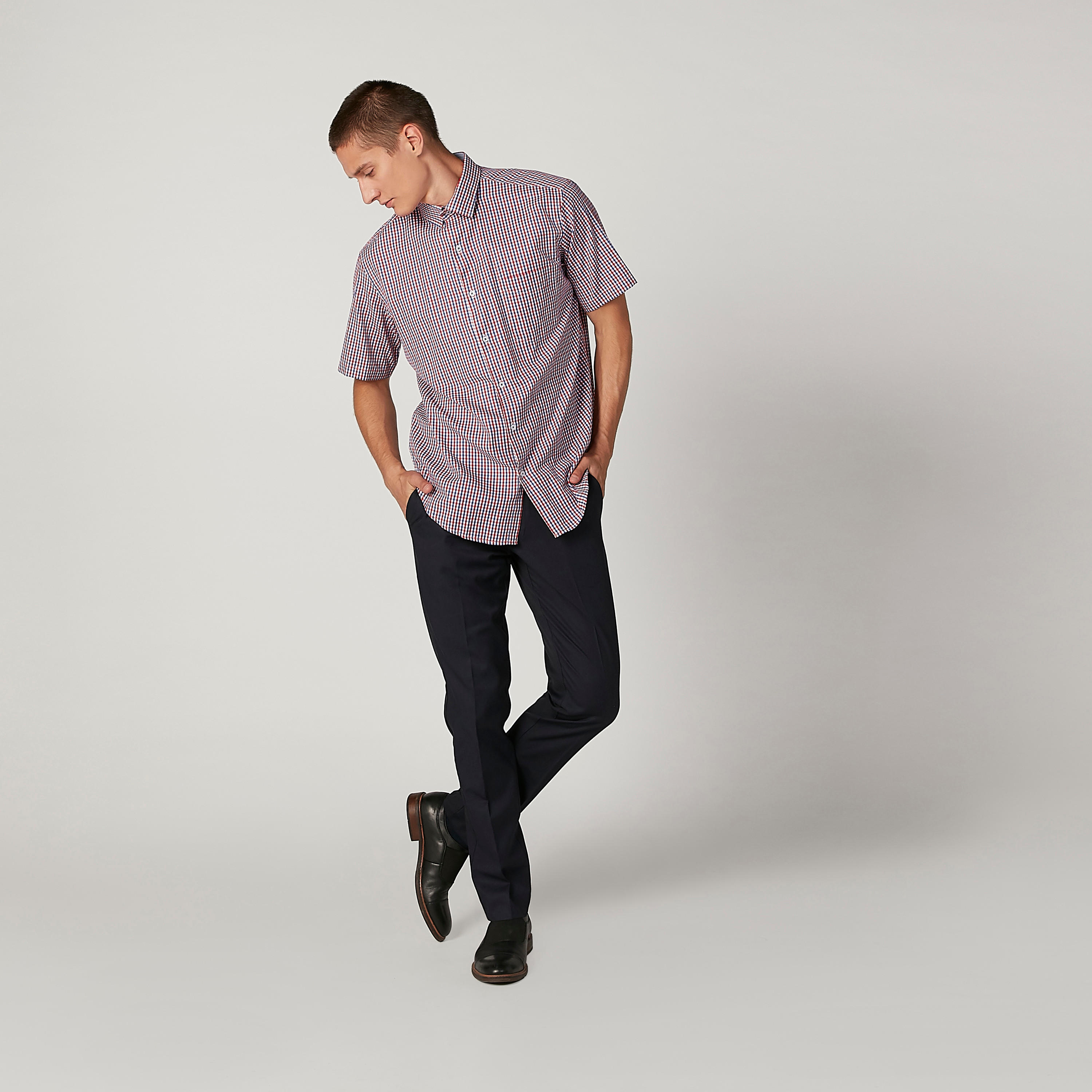 قميص مربعات سهل الكي بياقة عادية وأكمام قصيرة-men-clothing-shirts-image-2