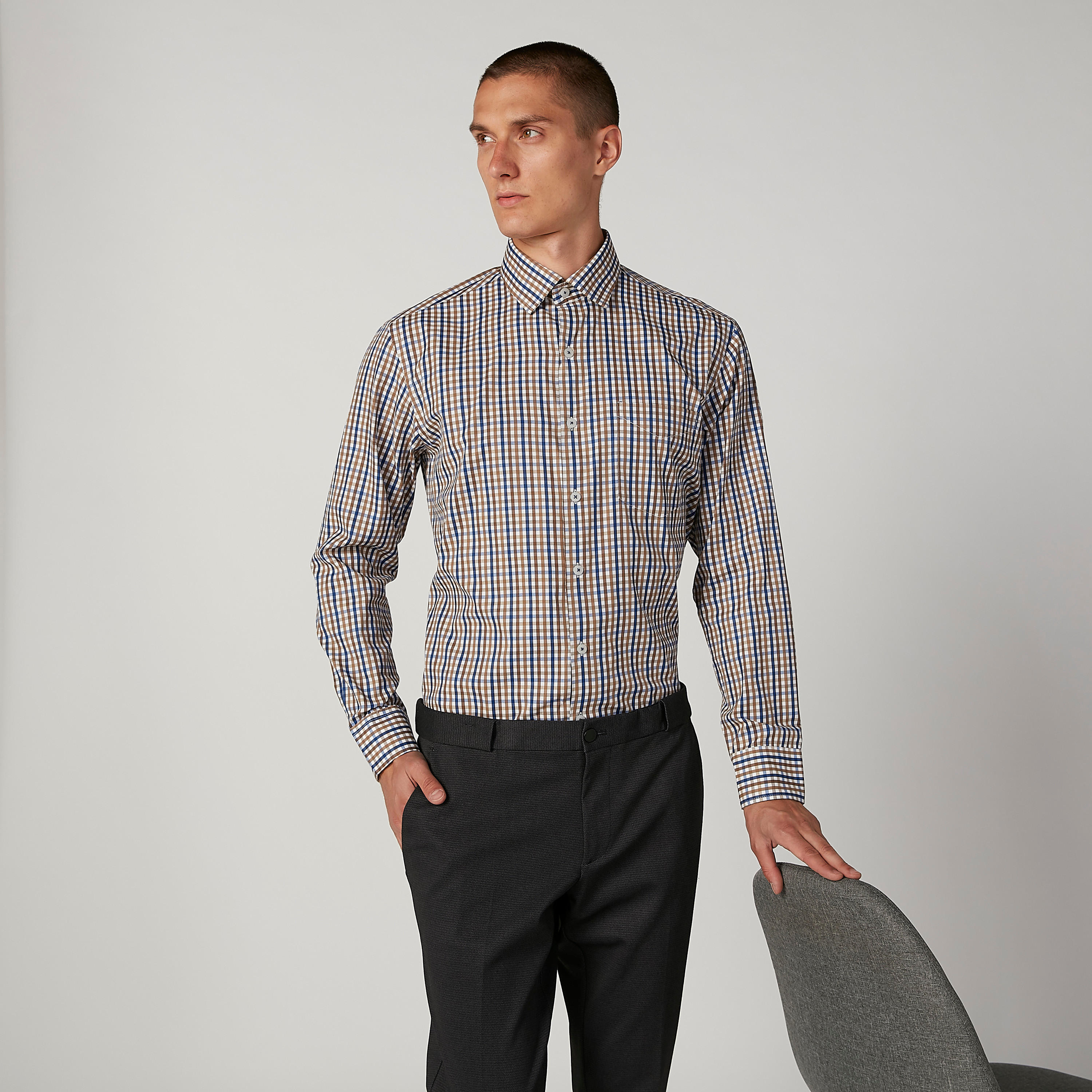 Easy Iron Checked Shirt with Spread Collar and Long Sleeves-men-clothing-shirts-image-1