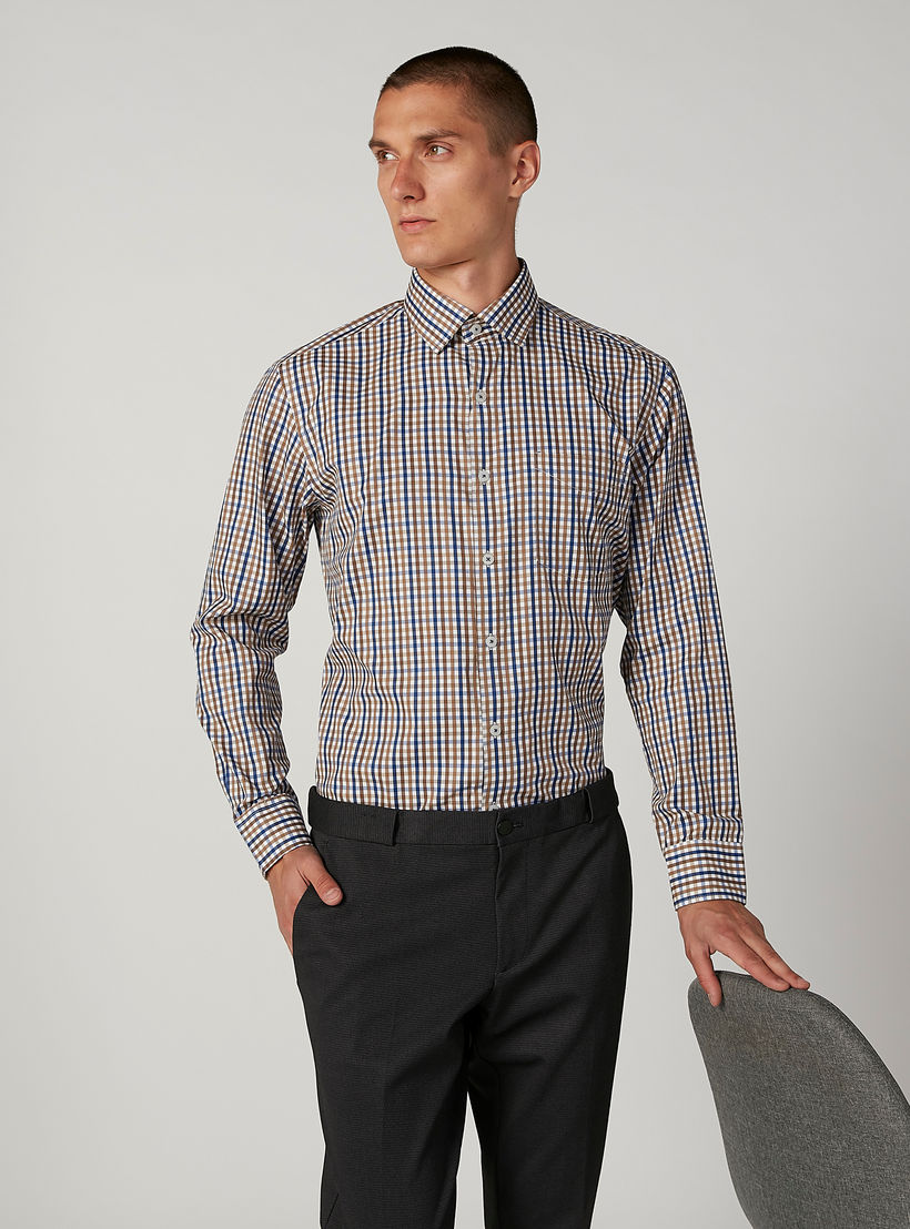 Easy Iron Checked Shirt with Spread Collar and Long Sleeves-men-clothing-shirts-image-1