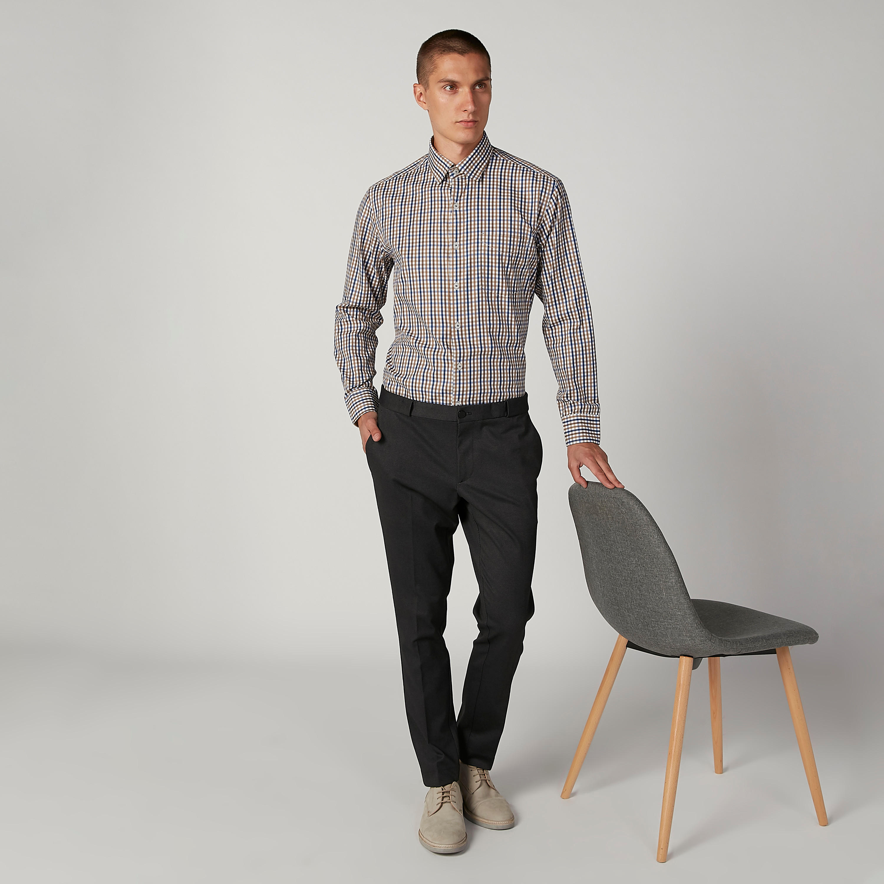 Easy Iron Checked Shirt with Spread Collar and Long Sleeves-men-clothing-shirts-image-3
