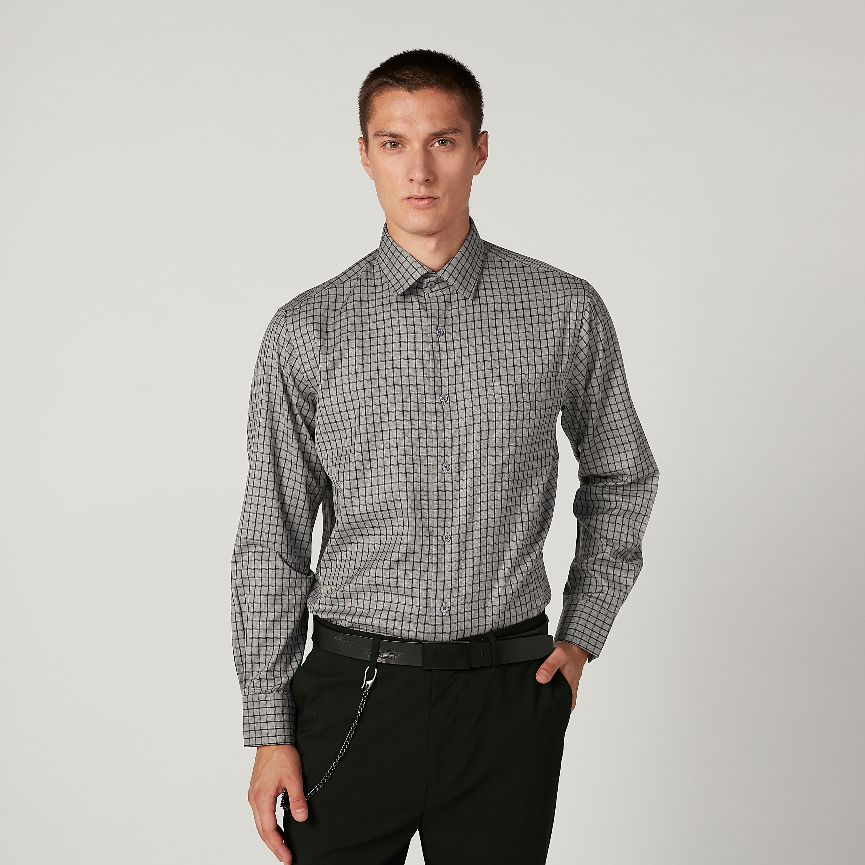 Easy Iron Checked Shirt with Long Sleeves and Spread Collar-men-clothing-shirts-image-1