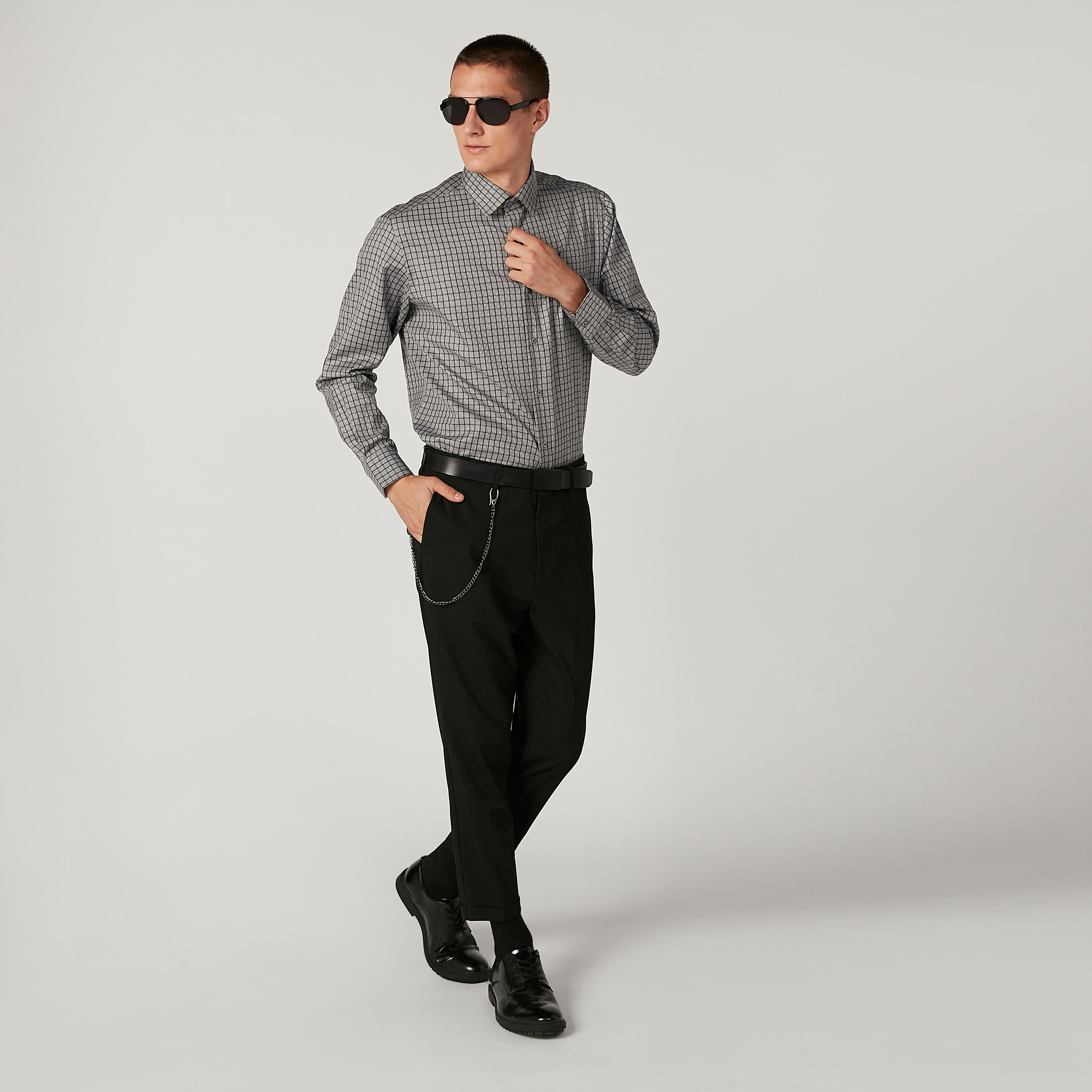 Easy Iron Checked Shirt with Long Sleeves and Spread Collar-men-clothing-shirts-image-2