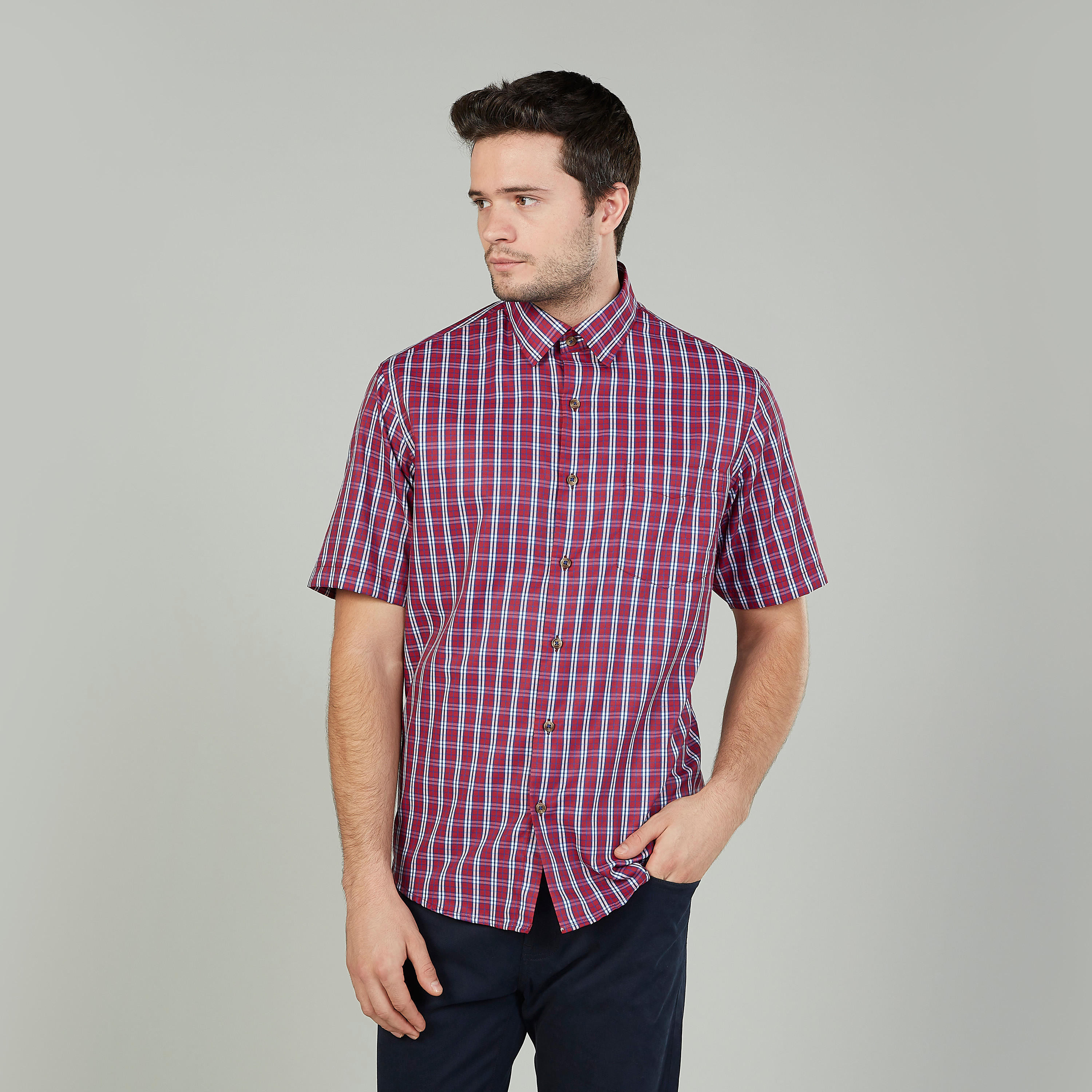 قميص مربعات سهل الكي بياقة عادية وأكمام قصيرة-men-clothing-shirts-image-1