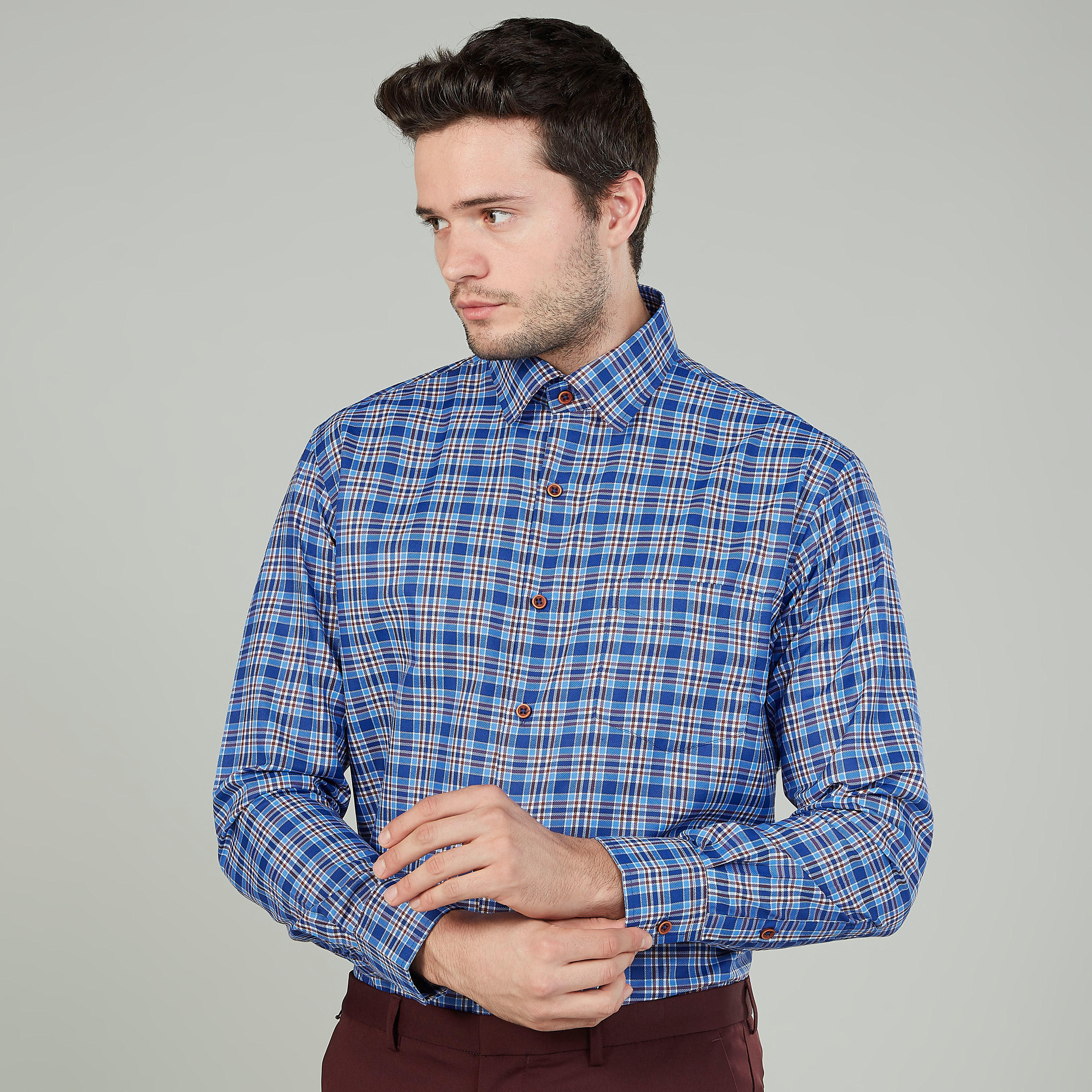 Easy Iron Checked Shirt with Long Sleeves and Spread Collar-men-clothing-shirts-image-1