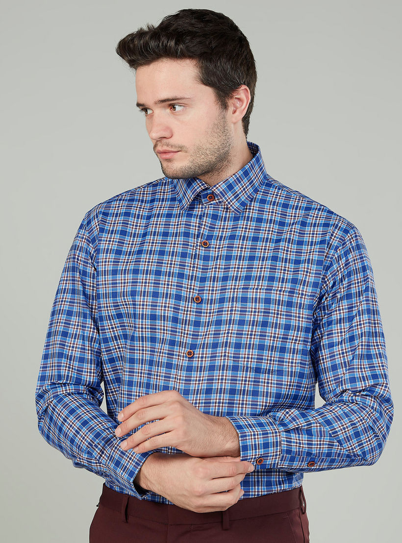 Easy Iron Checked Shirt with Long Sleeves and Spread Collar-men-clothing-shirts-image-1