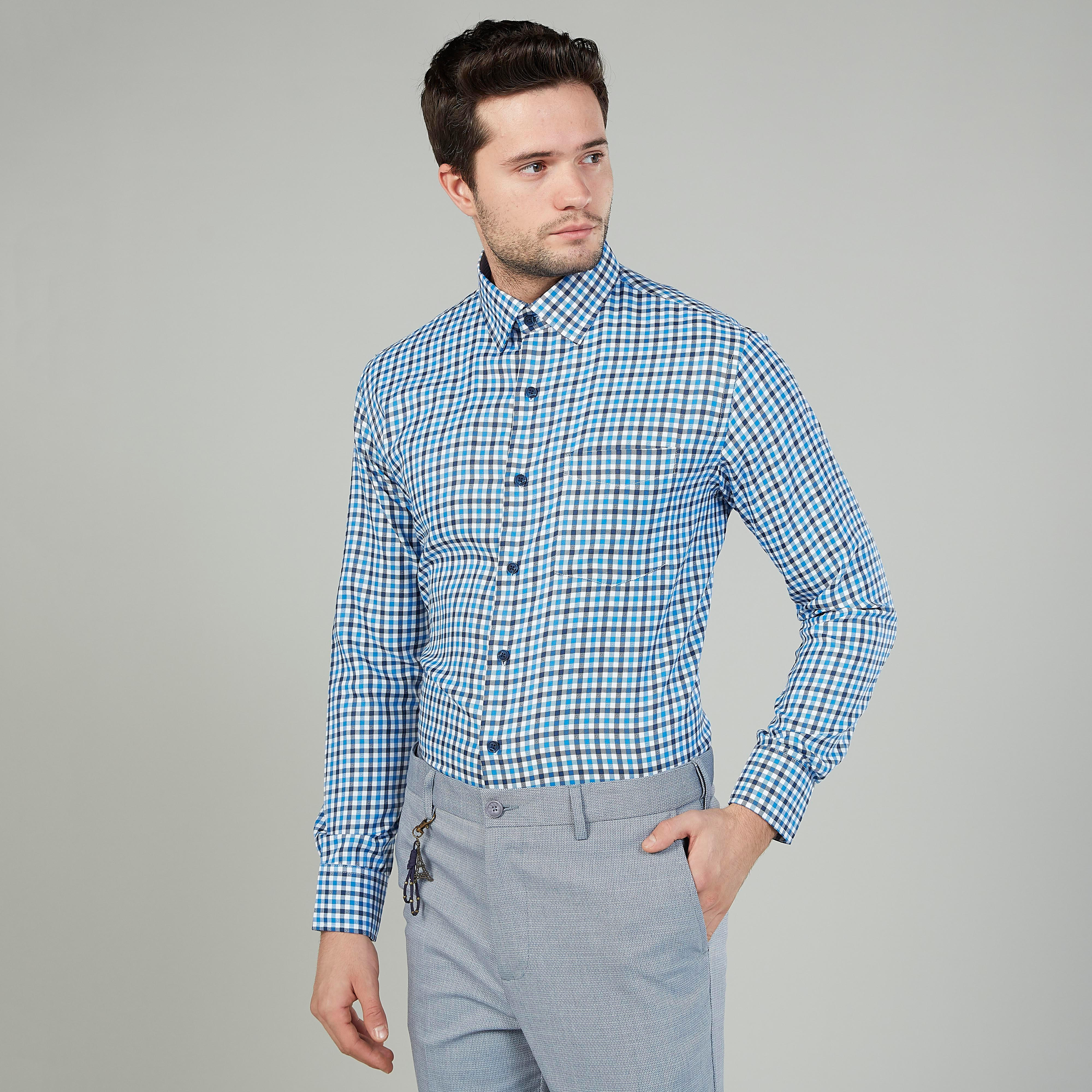قميص مربعات سهل الكي بأكمام طويلة وجيب على الصدر-men-clothing-shirts-image-1